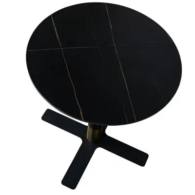 Vail Collection Dining Table Black/Gold X Base With 36" Round BLack Stone  Top
