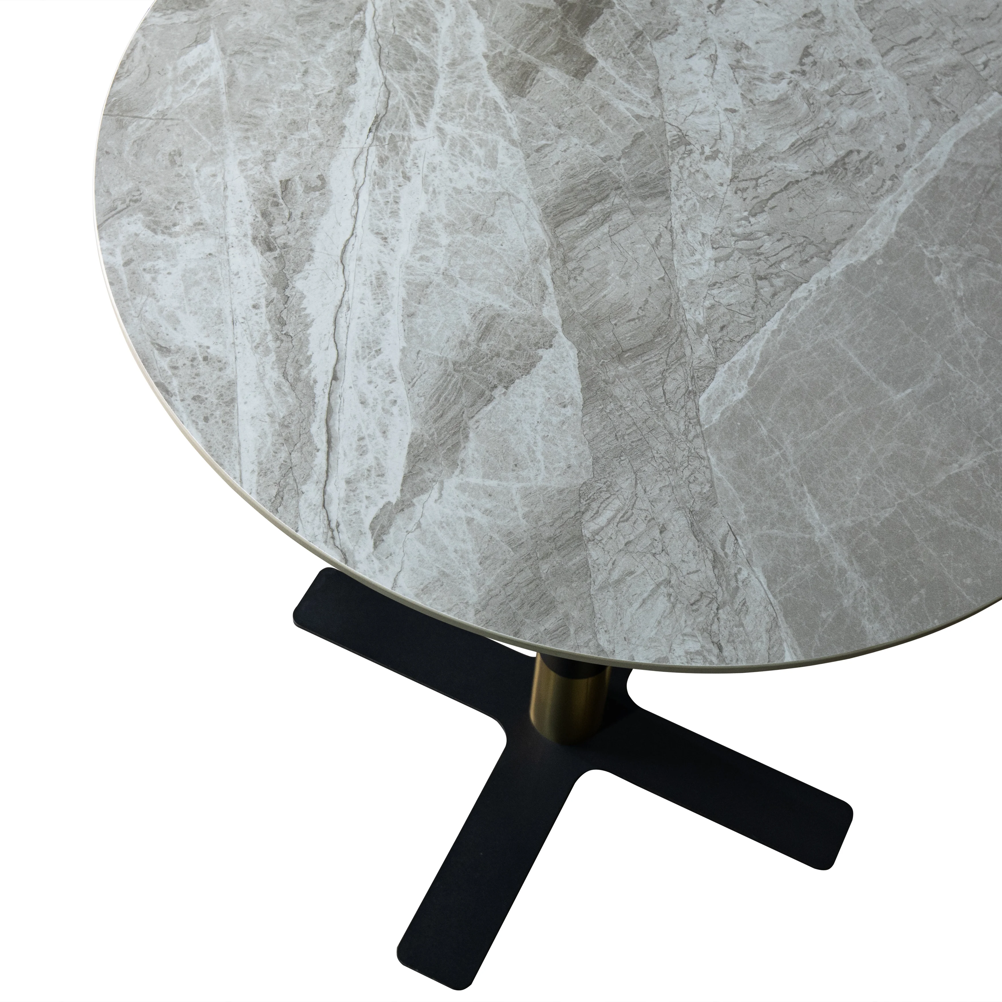 Vail Collection Dining Table Black/Gold X Base With 36" Round Grey Stone Top