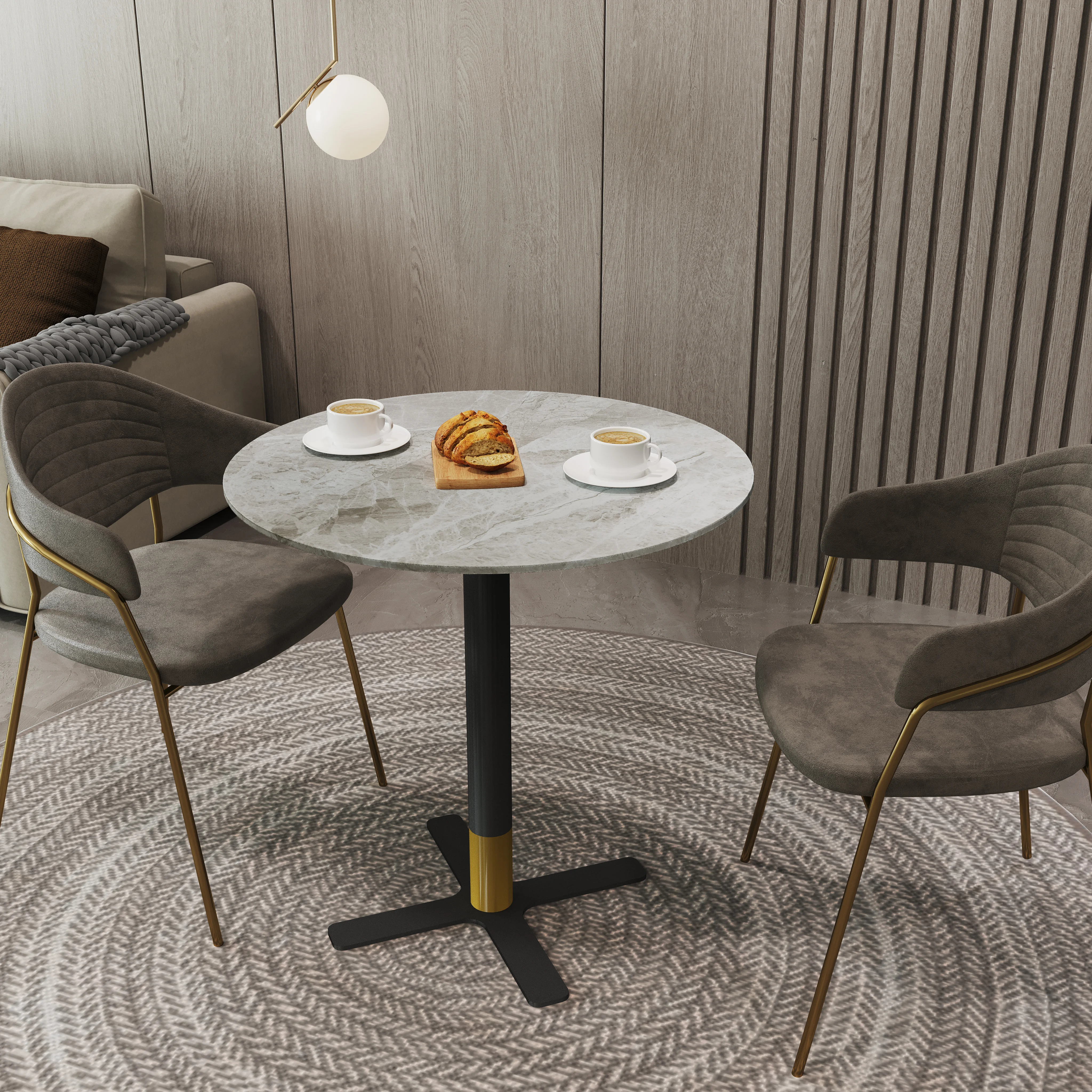 Vail Collection Dining Table Black/Gold X Base With 36" Round Grey Stone Top