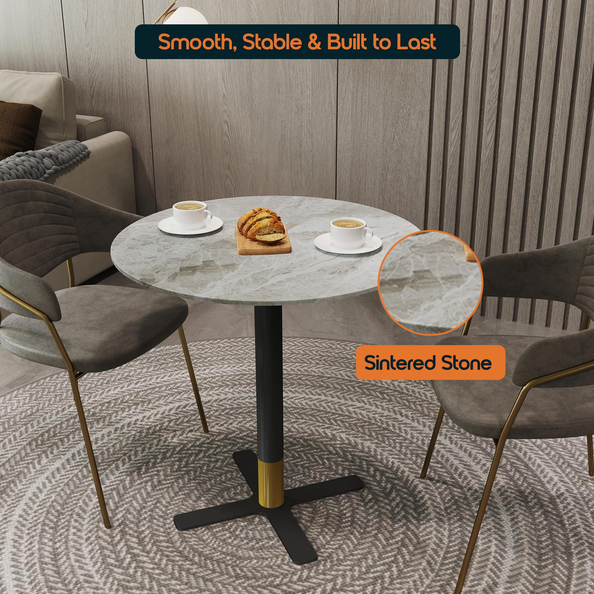 Vail Collection Dining Table Black/Gold X Base With 36" Round Grey Stone Top