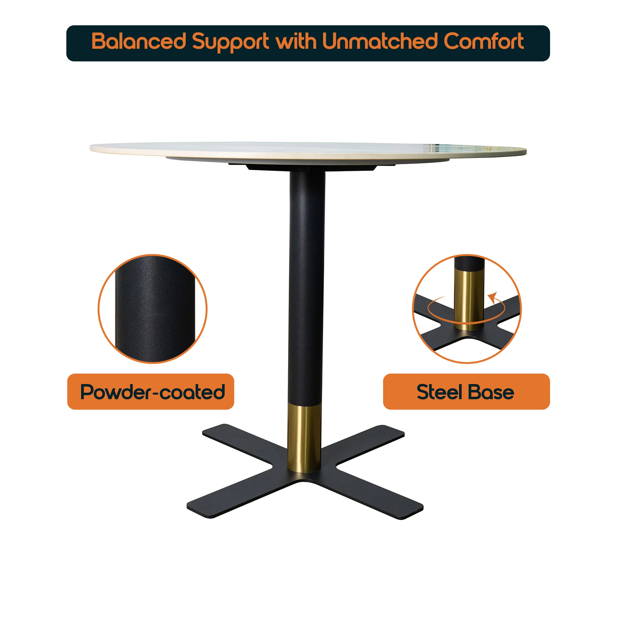 Vail Collection Dining Table Black/Gold X Base With 36" Round Grey Stone Top