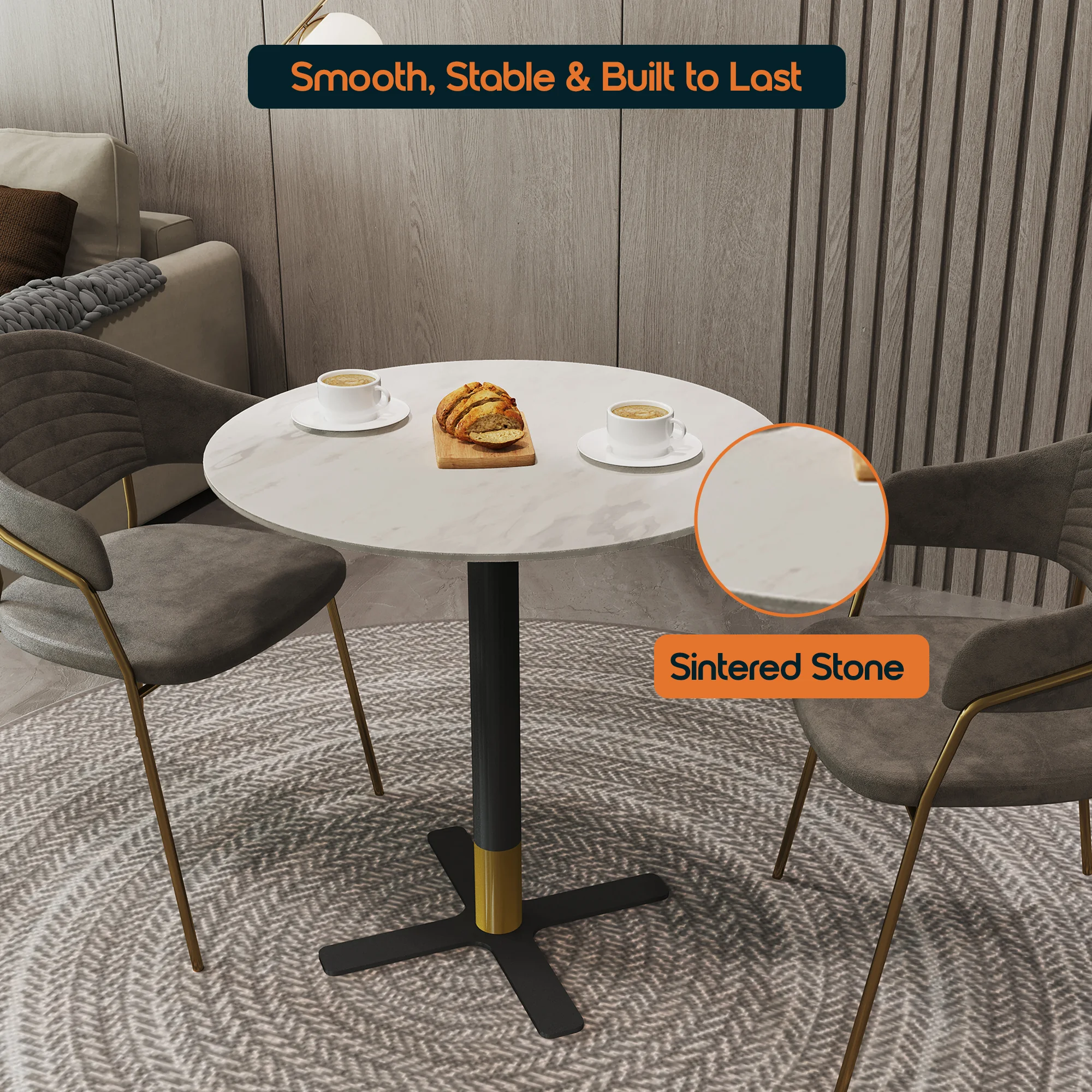 Vail Collection Dining Table Black/Gold X Base With 36" Round White Stone Top