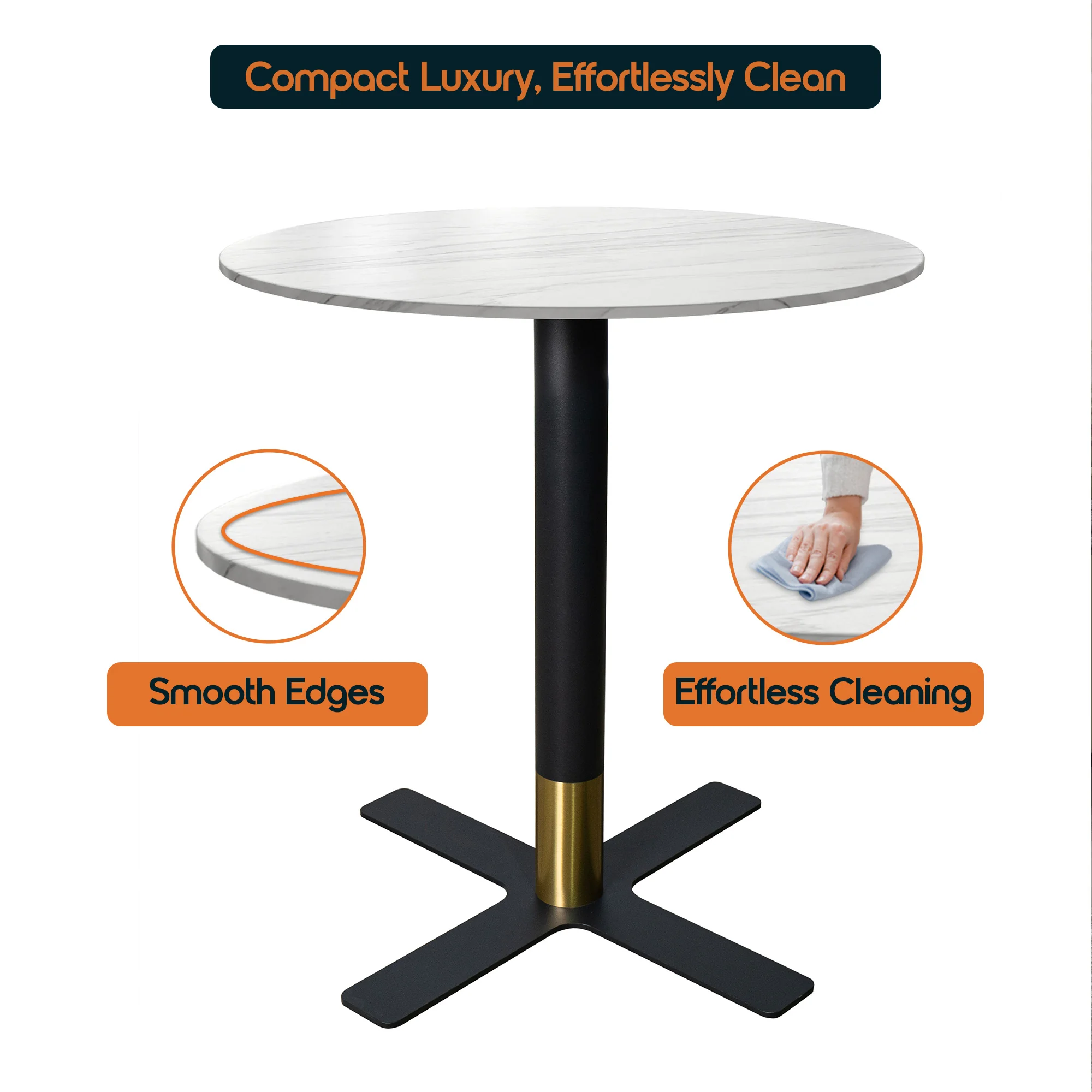 Vail Collection Dining Table Black/Gold X Base With 36" Round White Stone Top