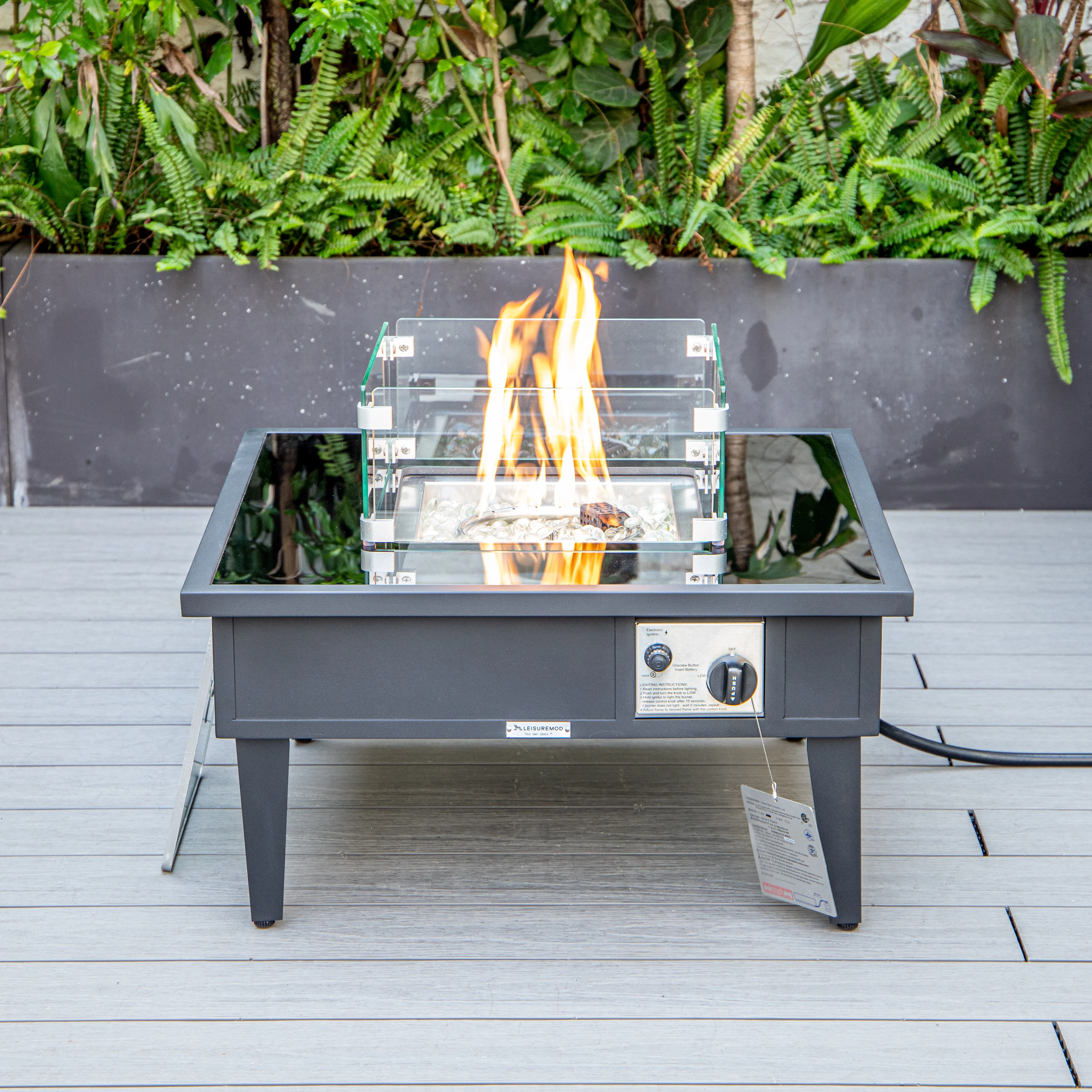 Walbrooke Outdoor Patio Aluminum Square Fire Pit Side Table with Lid and Fire Glass for Patio and Backyard Garden