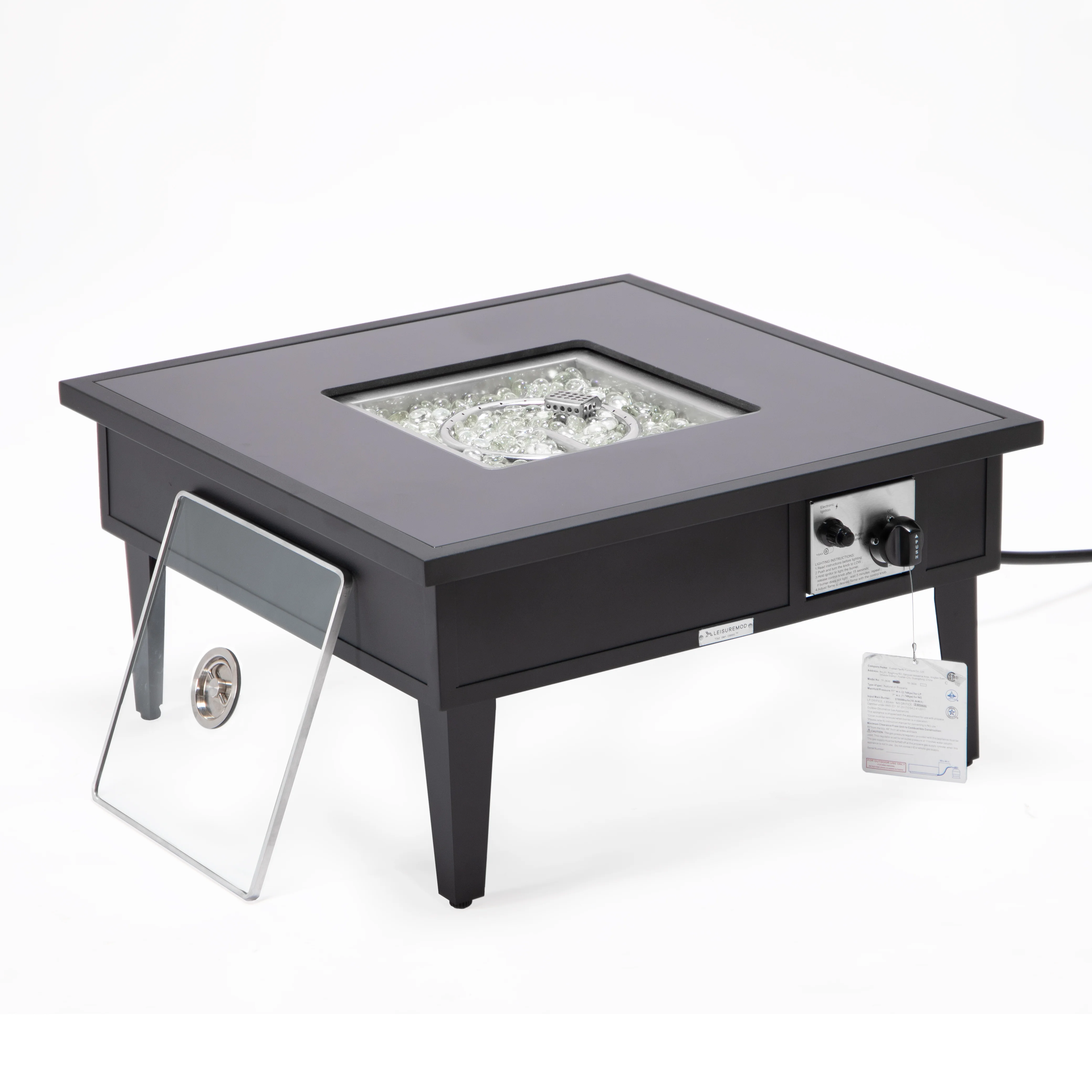 Walbrooke Outdoor Patio Aluminum Square Fire Pit Side Table with Lid and Fire Glass for Patio and Backyard Garden