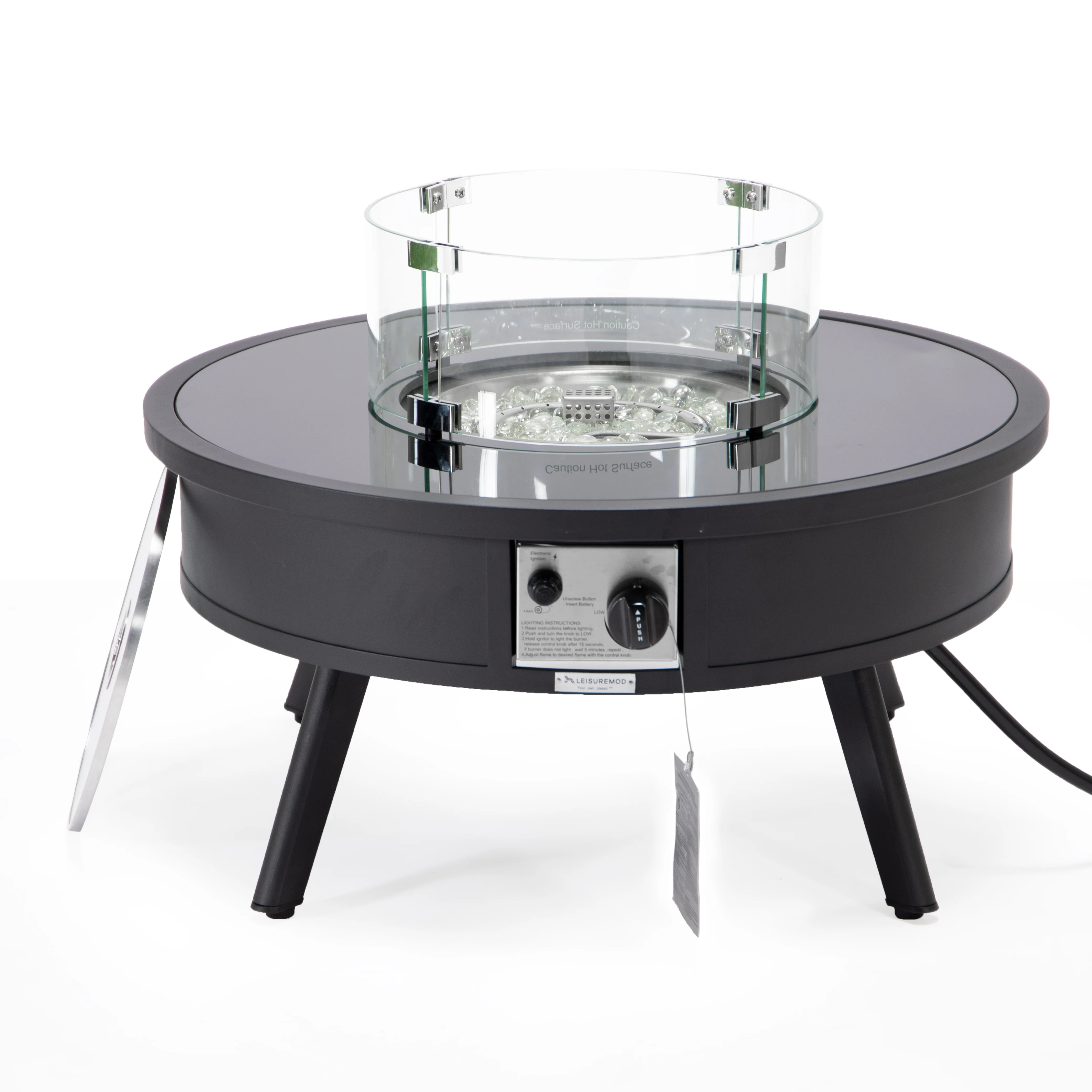 Walbrooke Outdoor Patio Aluminum Round Fire Pit Side Table with Lid and Fire Glass for Patio and Backyard Garden