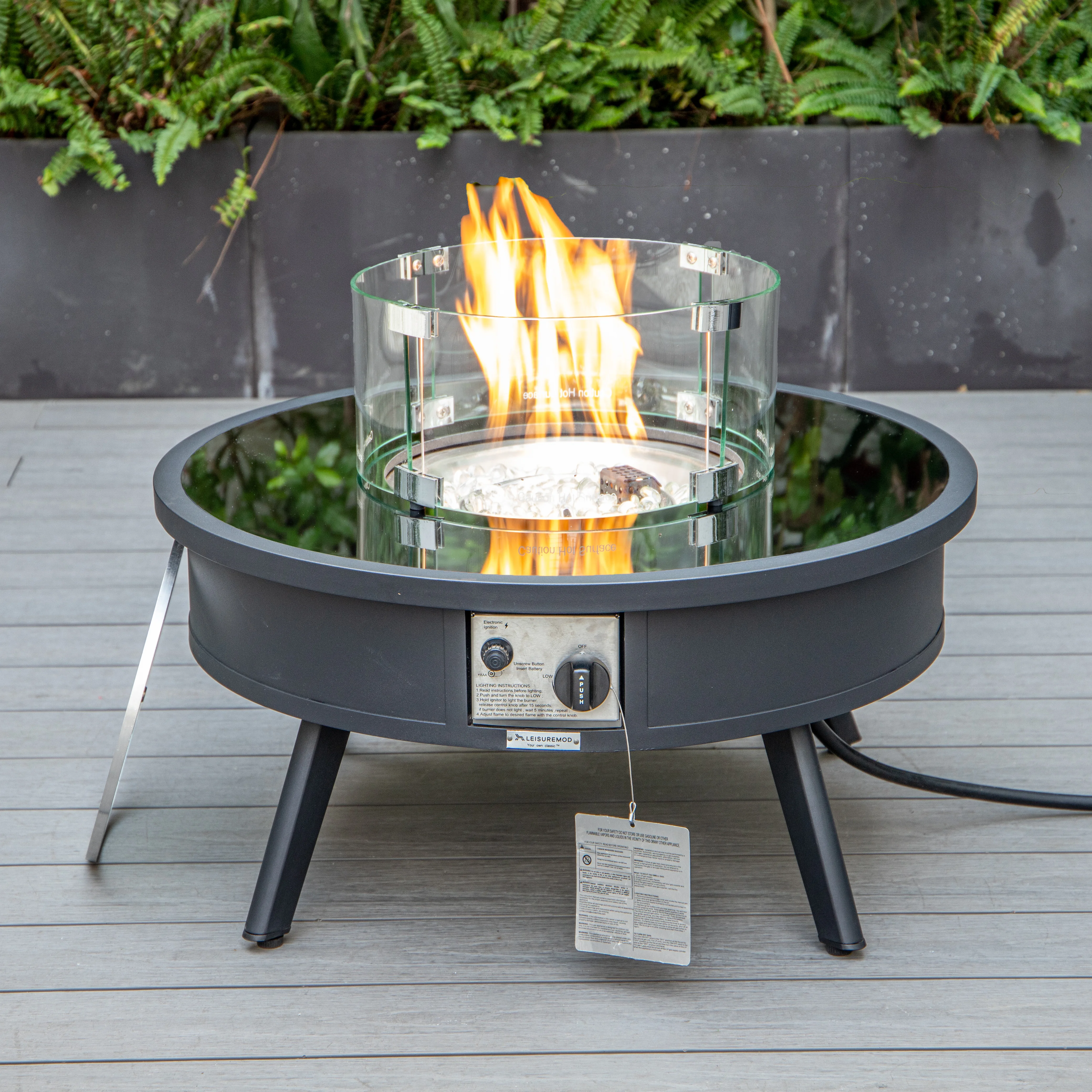 Walbrooke Outdoor Patio Aluminum Round Fire Pit Side Table with Lid and Fire Glass for Patio and Backyard Garden