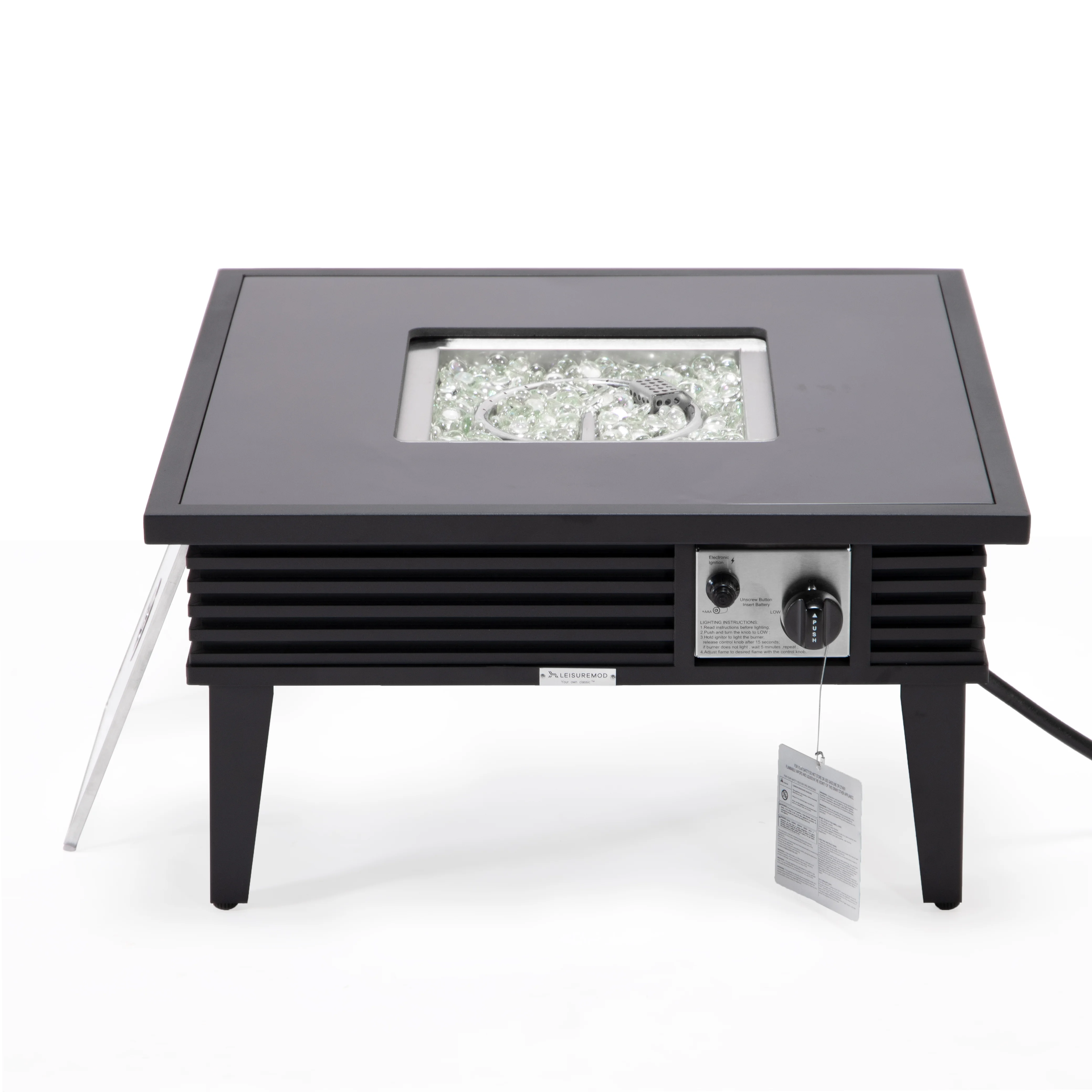 Walbrooke Outdoor Patio Aluminum Square Slats Design Fire Pit Side Table with Lid and Fire Glass for Patio and Backyard Garden