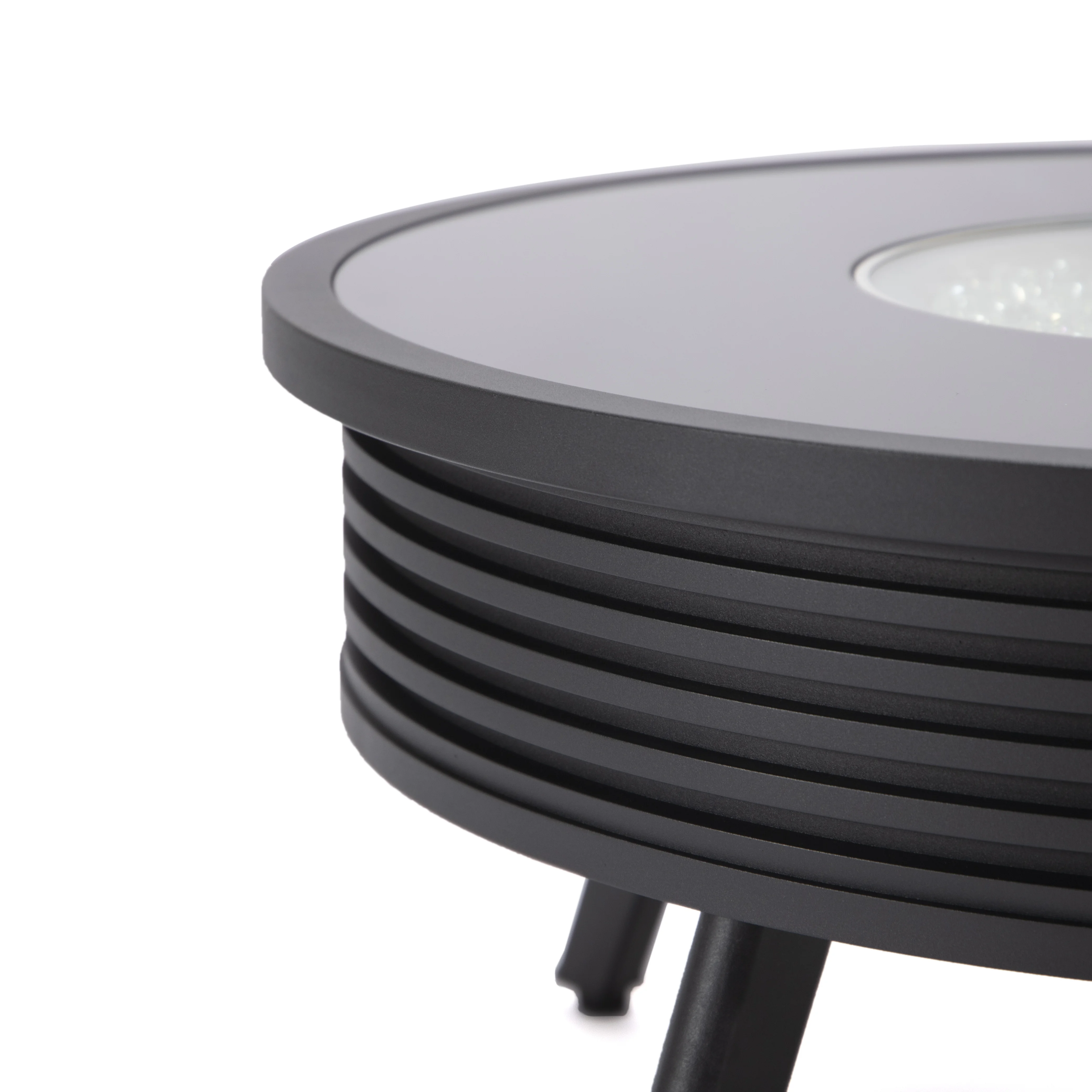 Walbrooke Outdoor Patio Aluminum Round Slats Design Fire Pit Side Table with Lid and Fire Glass for Patio and Backyard Garden