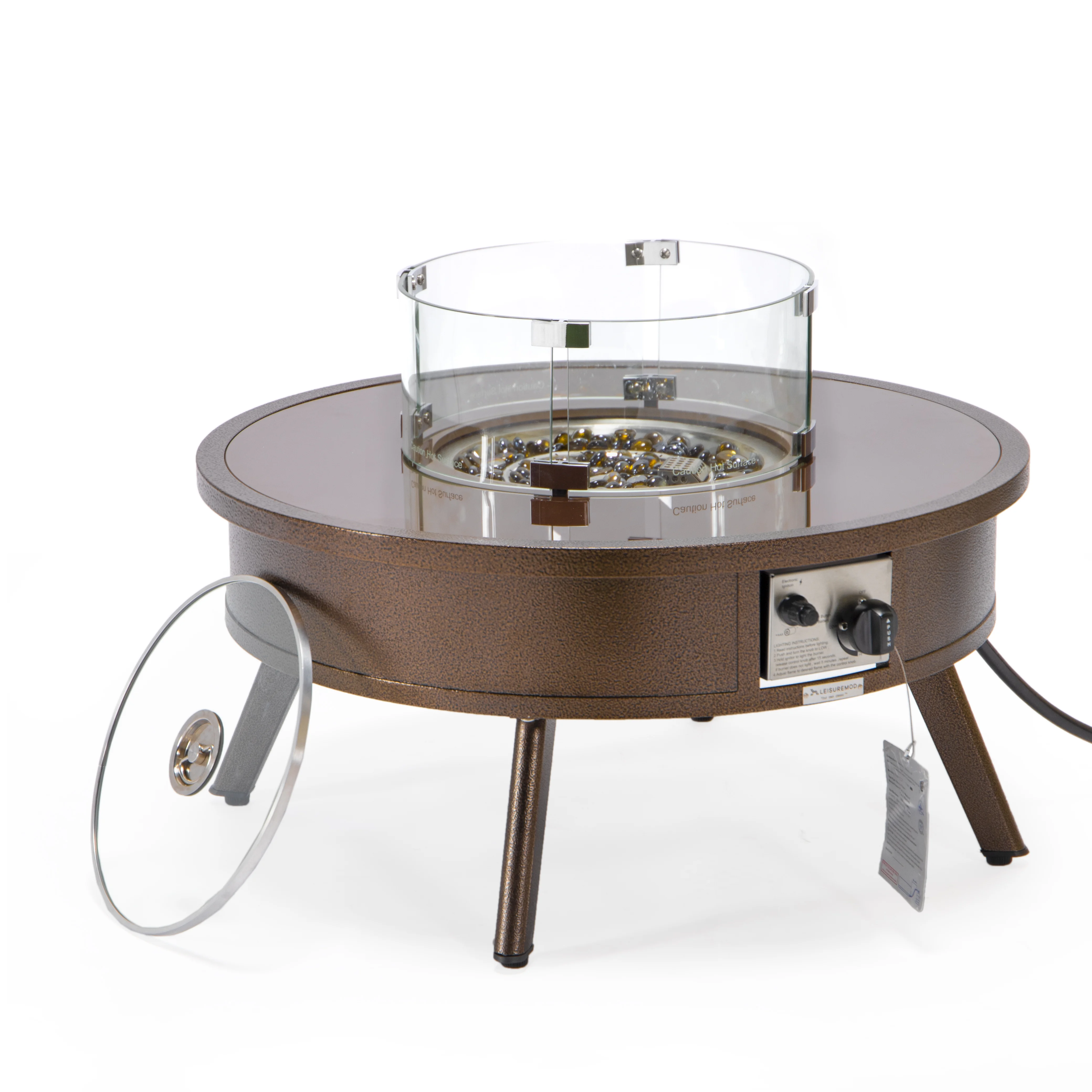 Walbrooke Outdoor Patio Aluminum Round Fire Pit Side Table with Lid and Fire Glass for Patio and Backyard Garden