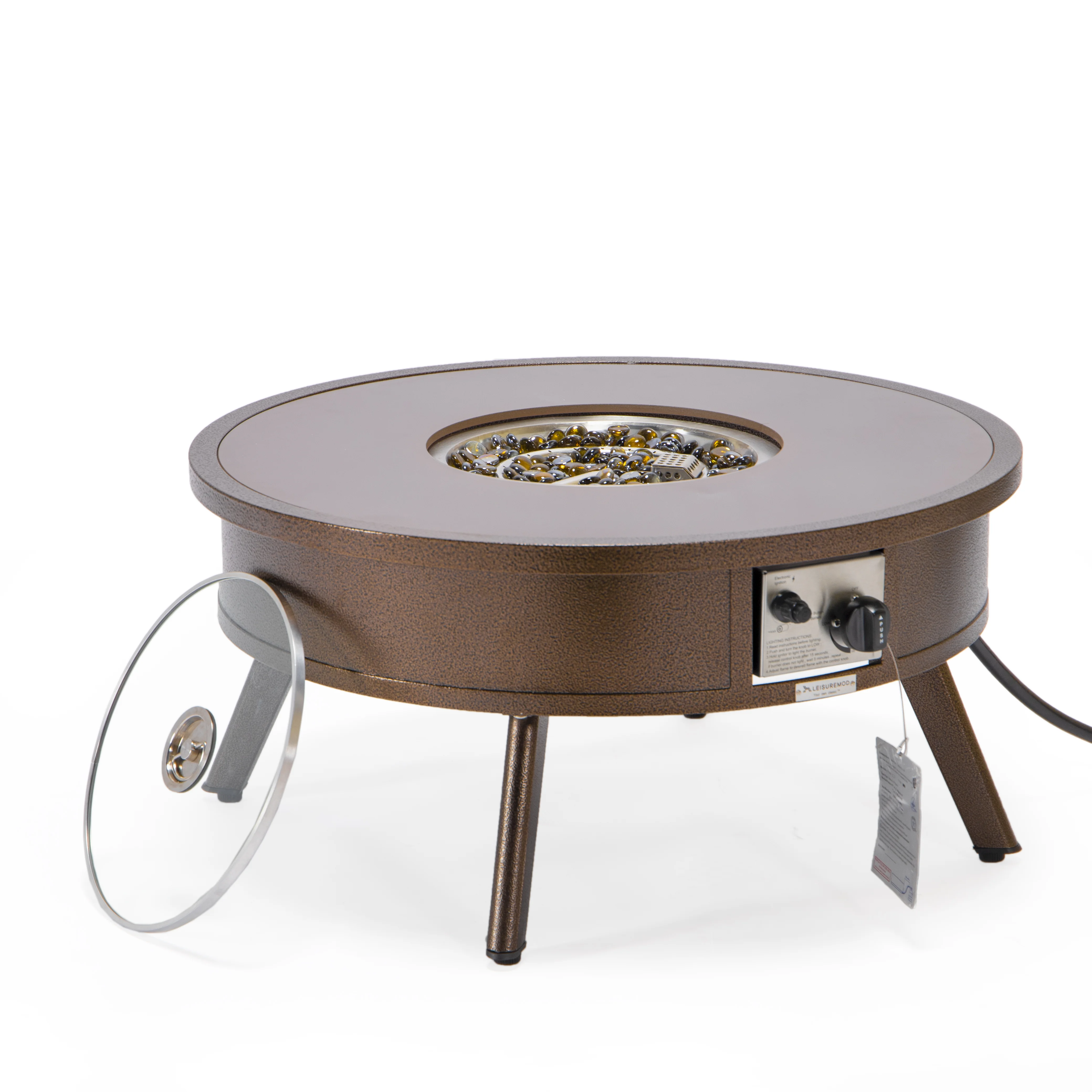 Walbrooke Outdoor Patio Aluminum Round Fire Pit Side Table with Lid and Fire Glass for Patio and Backyard Garden