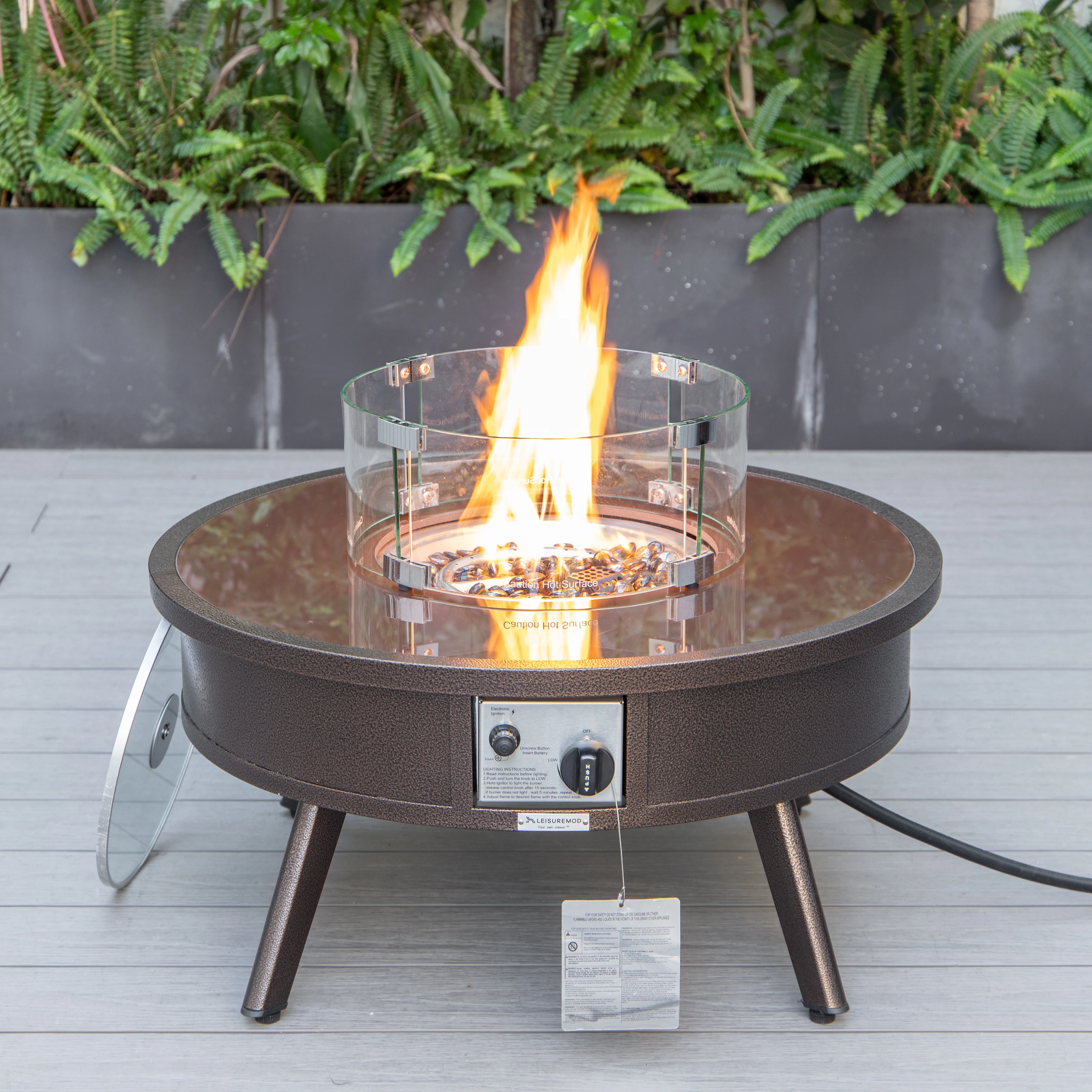 Walbrooke Outdoor Patio Aluminum Round Fire Pit Side Table with Lid and Fire Glass for Patio and Backyard Garden