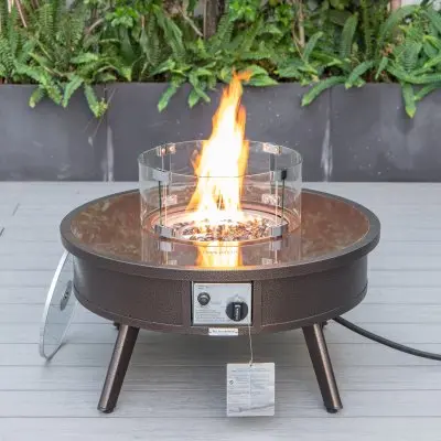 Walbrooke Outdoor Patio Aluminum Round Fire Pit Side Table with Lid and Fire Glass for Patio and Backyard Garden