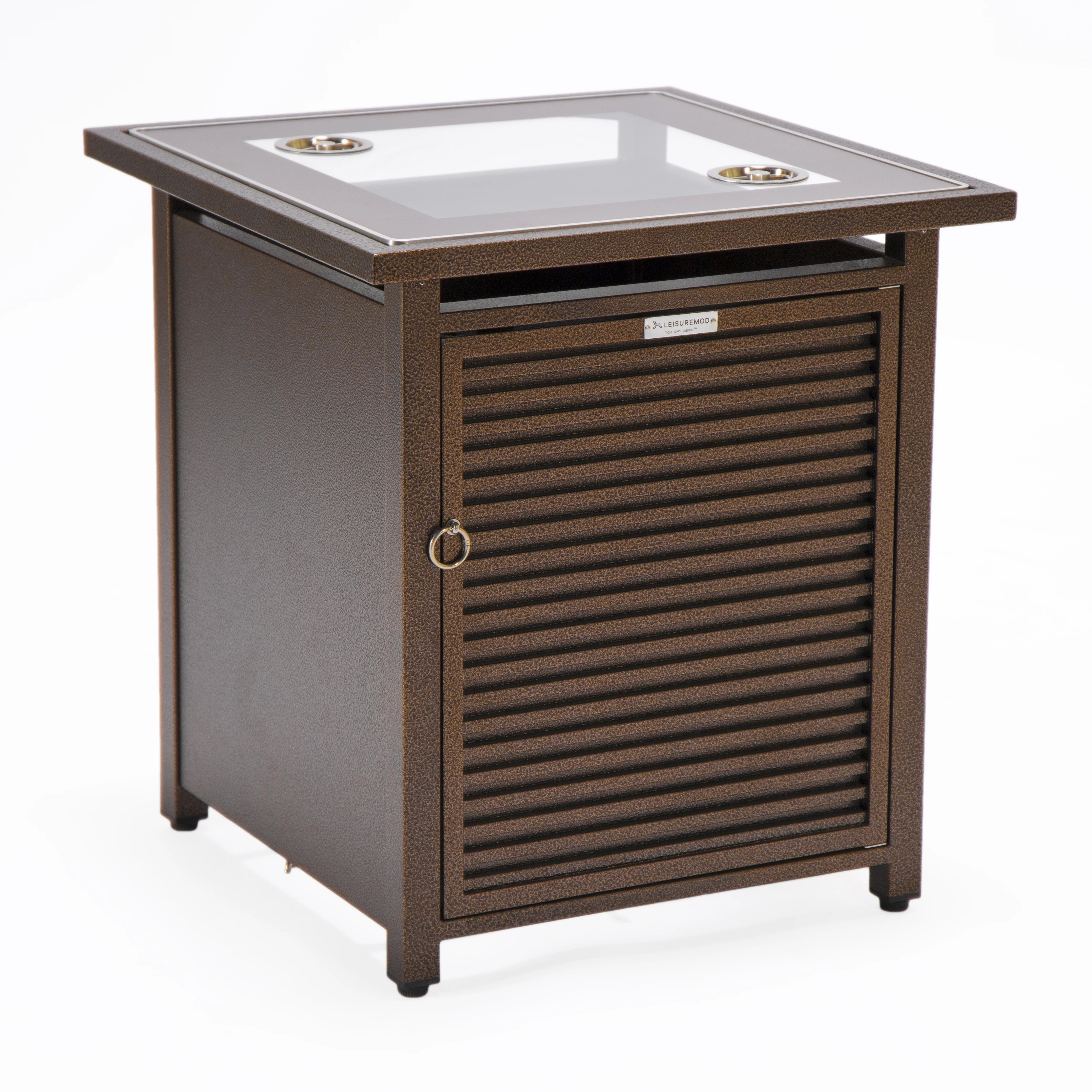 Walbrooke Patio Square Fire Pit and Tank Holder with Slats Design in Brown