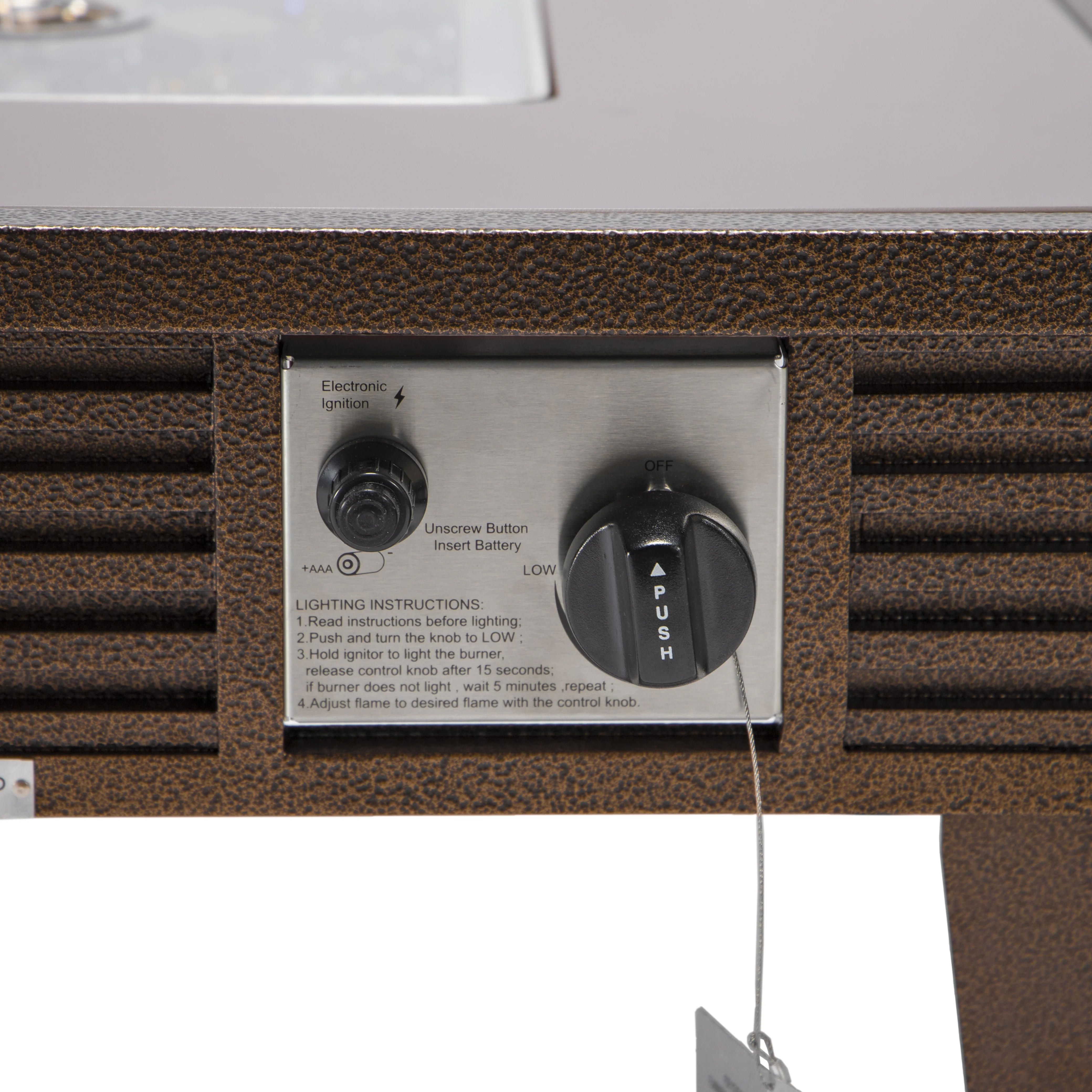 Walbrooke Patio Square Fire Pit and Tank Holder with Slats Design in Brown