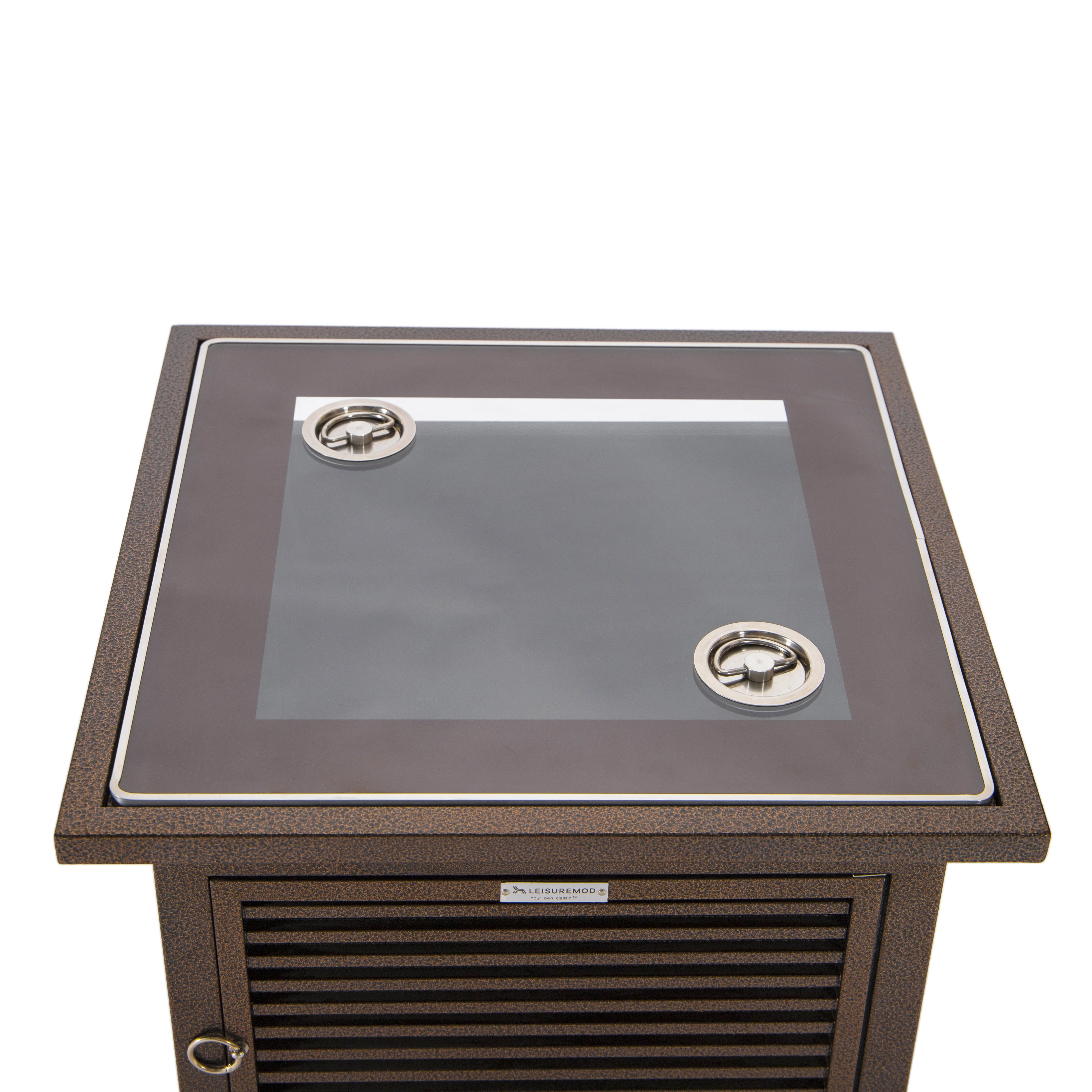 Walbrooke Patio Square Fire Pit and Tank Holder with Slats Design in Brown