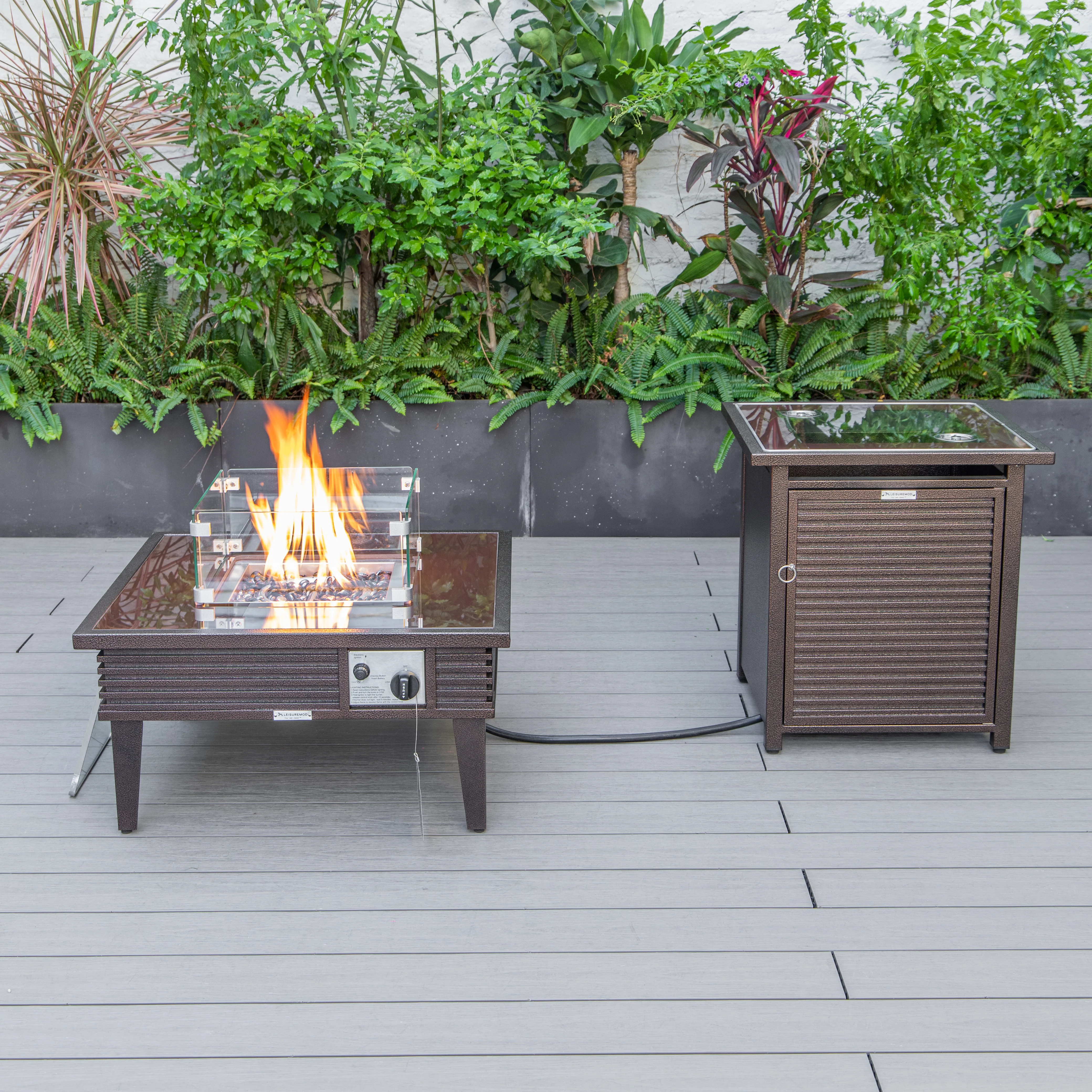 Walbrooke Patio Square Fire Pit and Tank Holder with Slats Design in Brown
