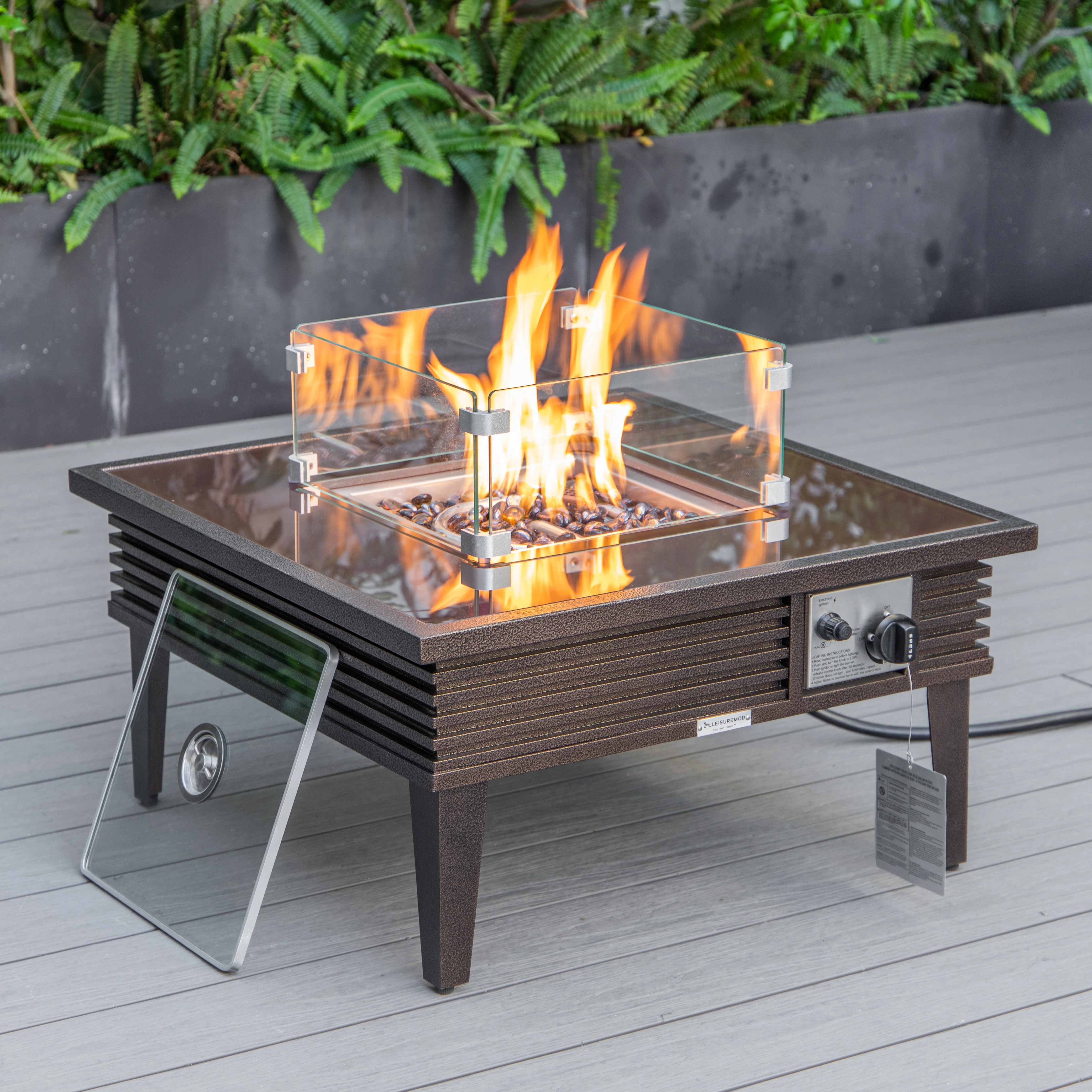 Walbrooke Patio Square Fire Pit and Tank Holder with Slats Design in Brown