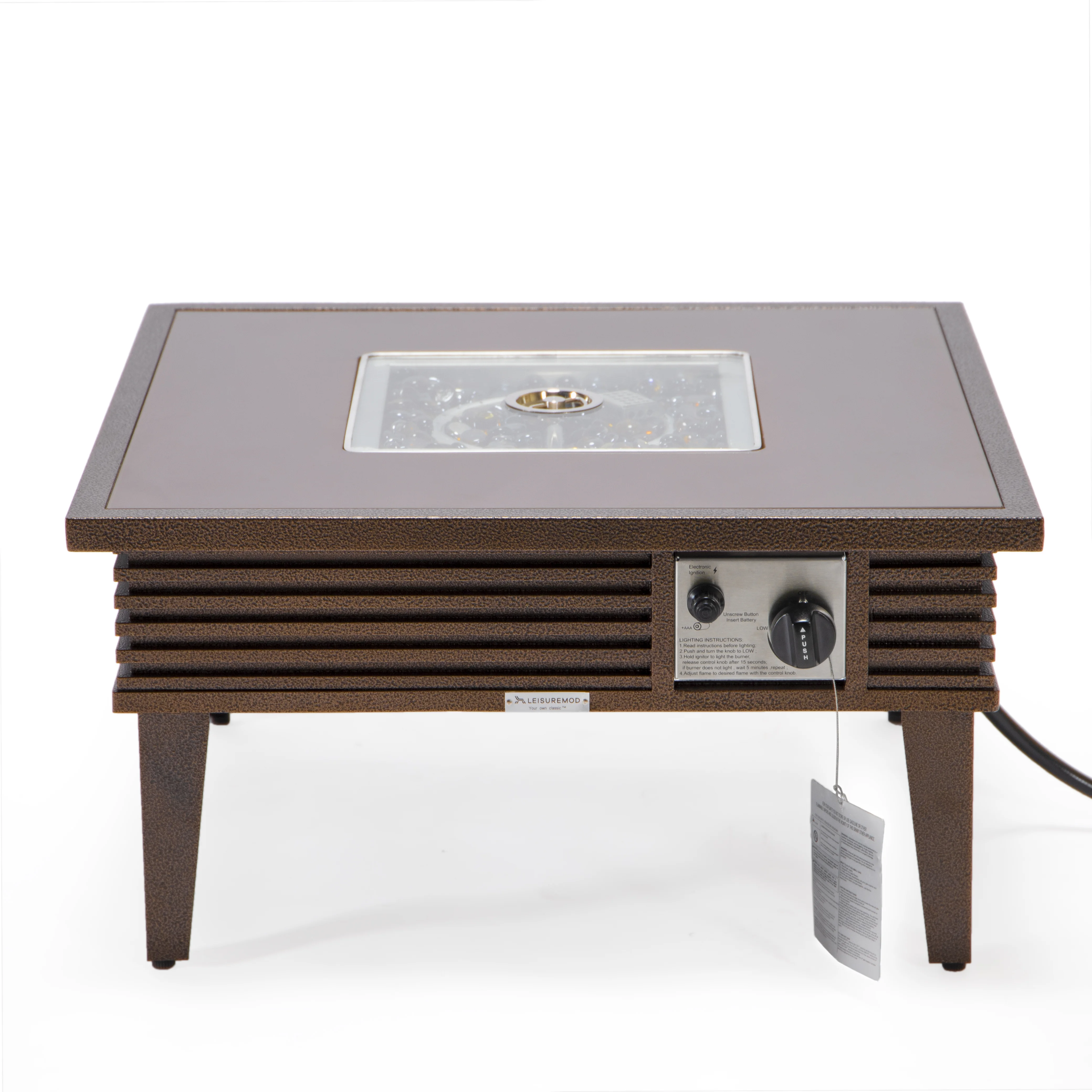 Walbrooke Outdoor Patio Aluminum Square Slats Design Fire Pit Side Table with Lid and Fire Glass for Patio and Backyard Garden