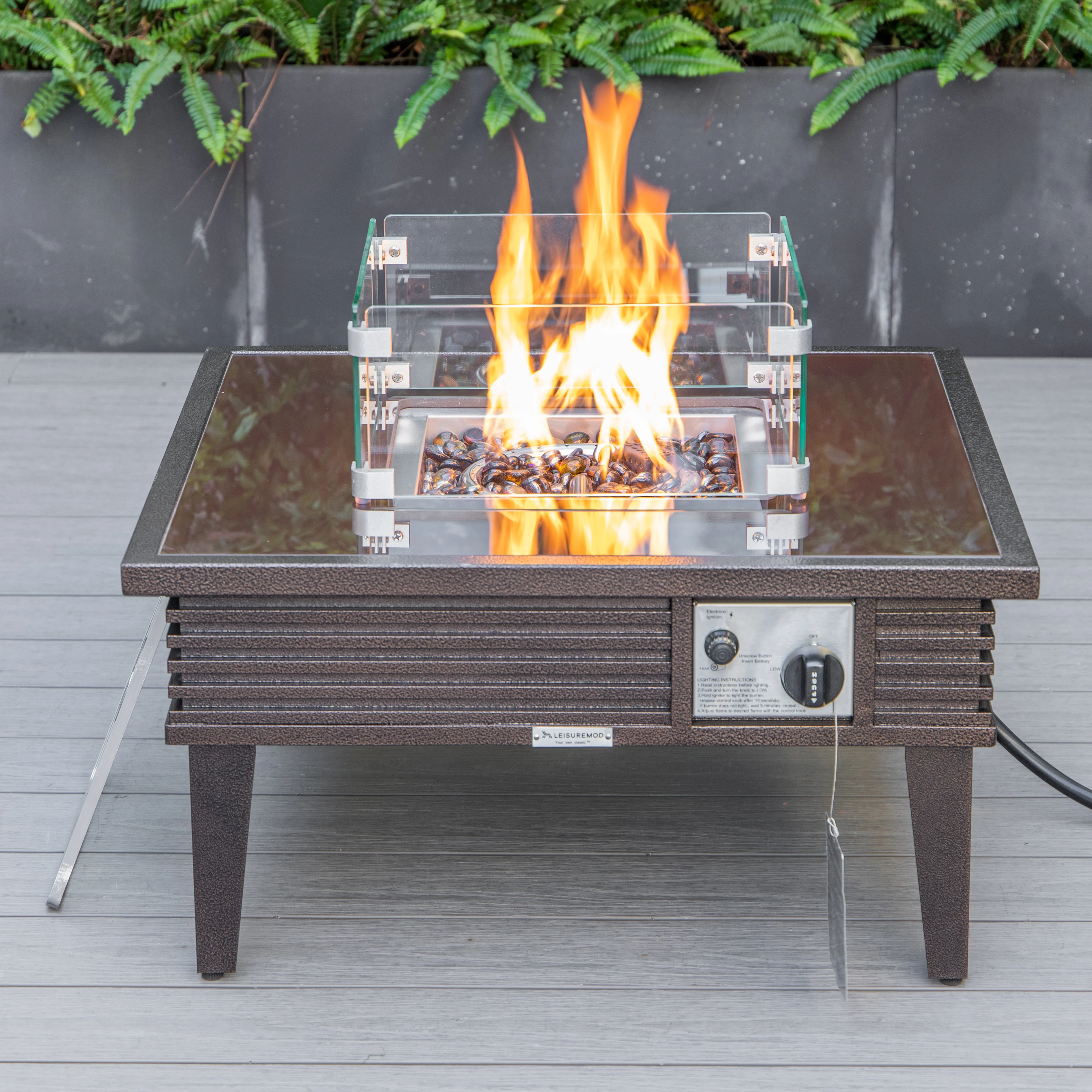 Walbrooke Outdoor Patio Aluminum Square Slats Design Fire Pit Side Table with Lid and Fire Glass for Patio and Backyard Garden