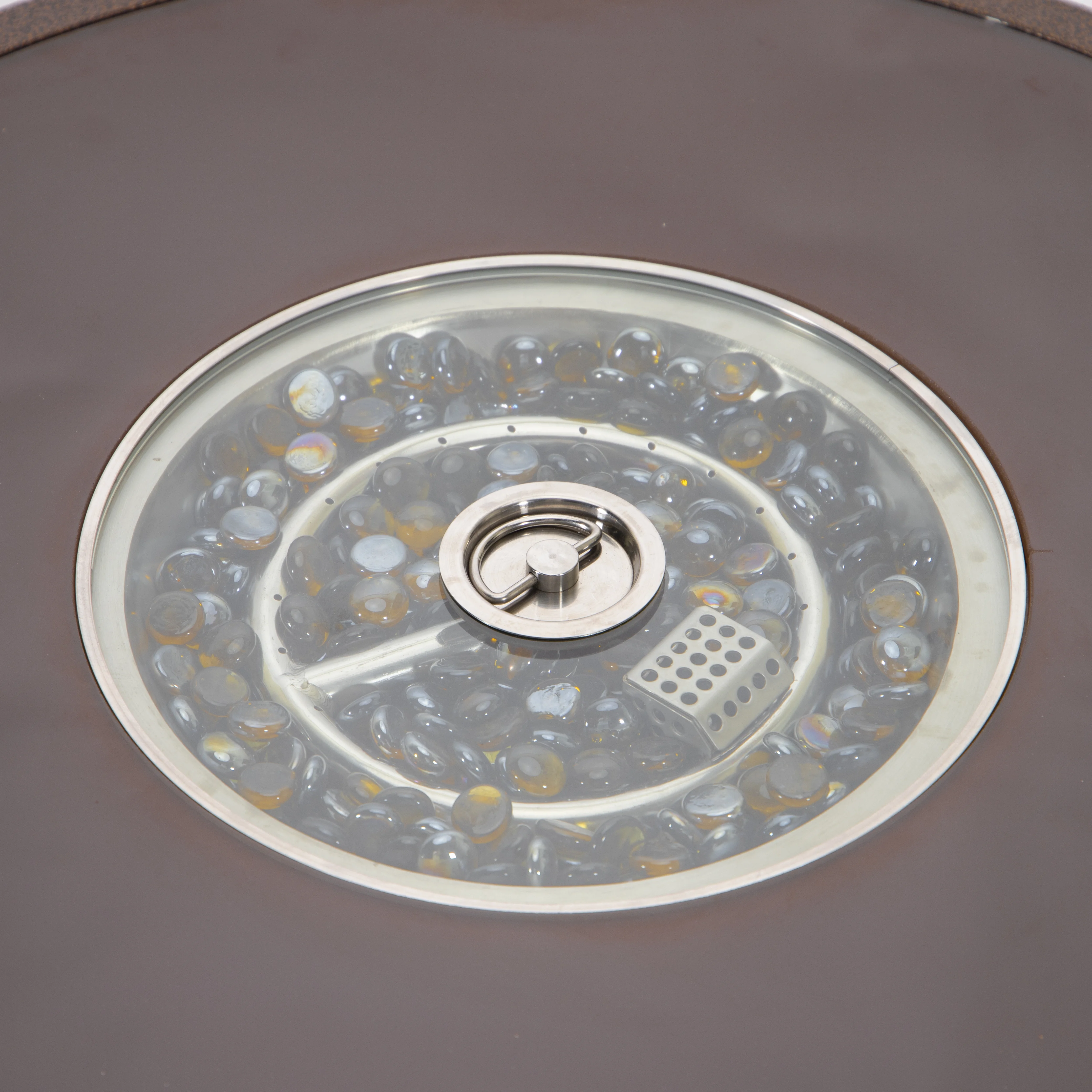 Walbrooke Patio Round Fire Pit and Tank Holder with Slats Design in Brown