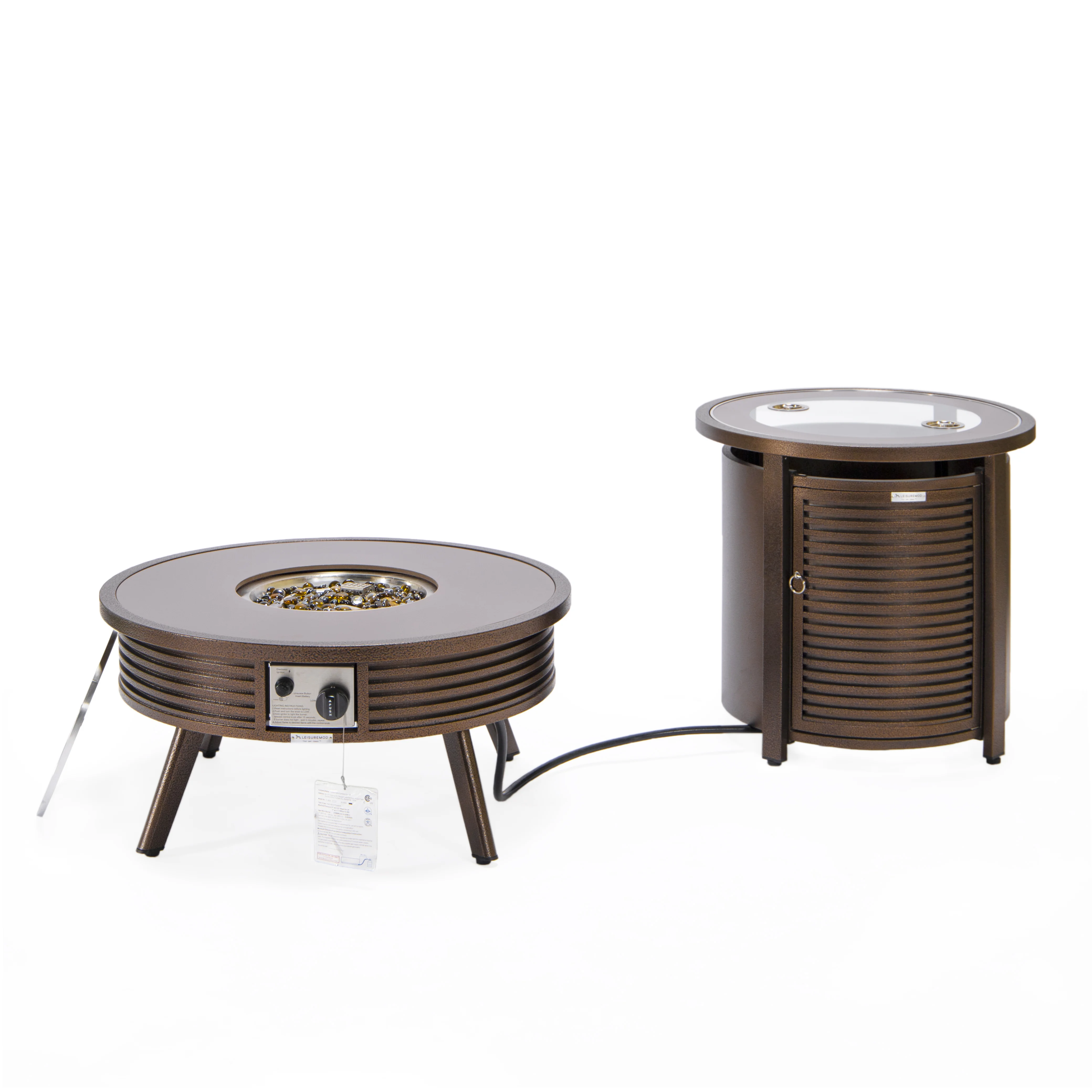 Walbrooke Patio Round Fire Pit and Tank Holder with Slats Design in Brown