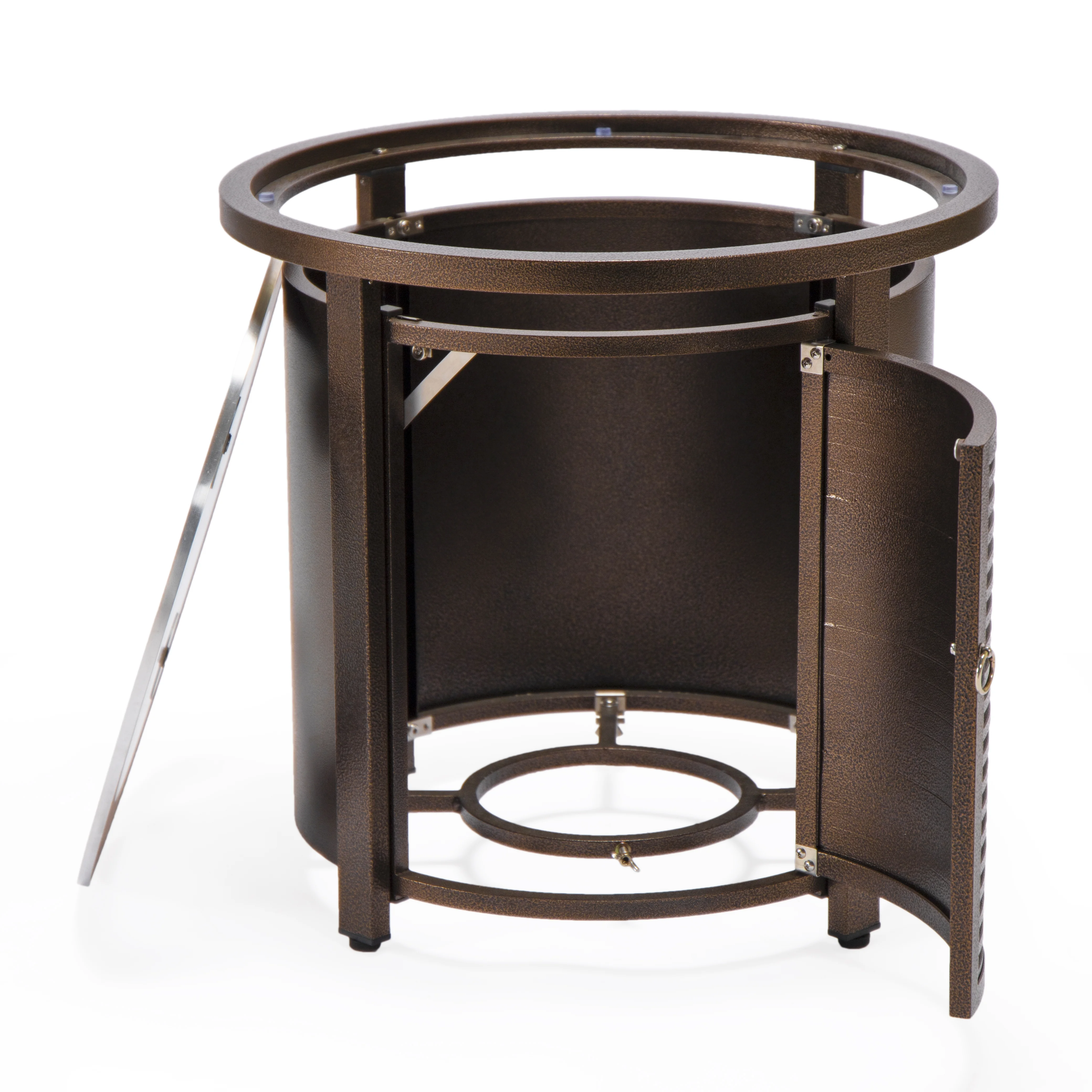 Walbrooke Patio Round Fire Pit and Tank Holder with Slats Design in Brown