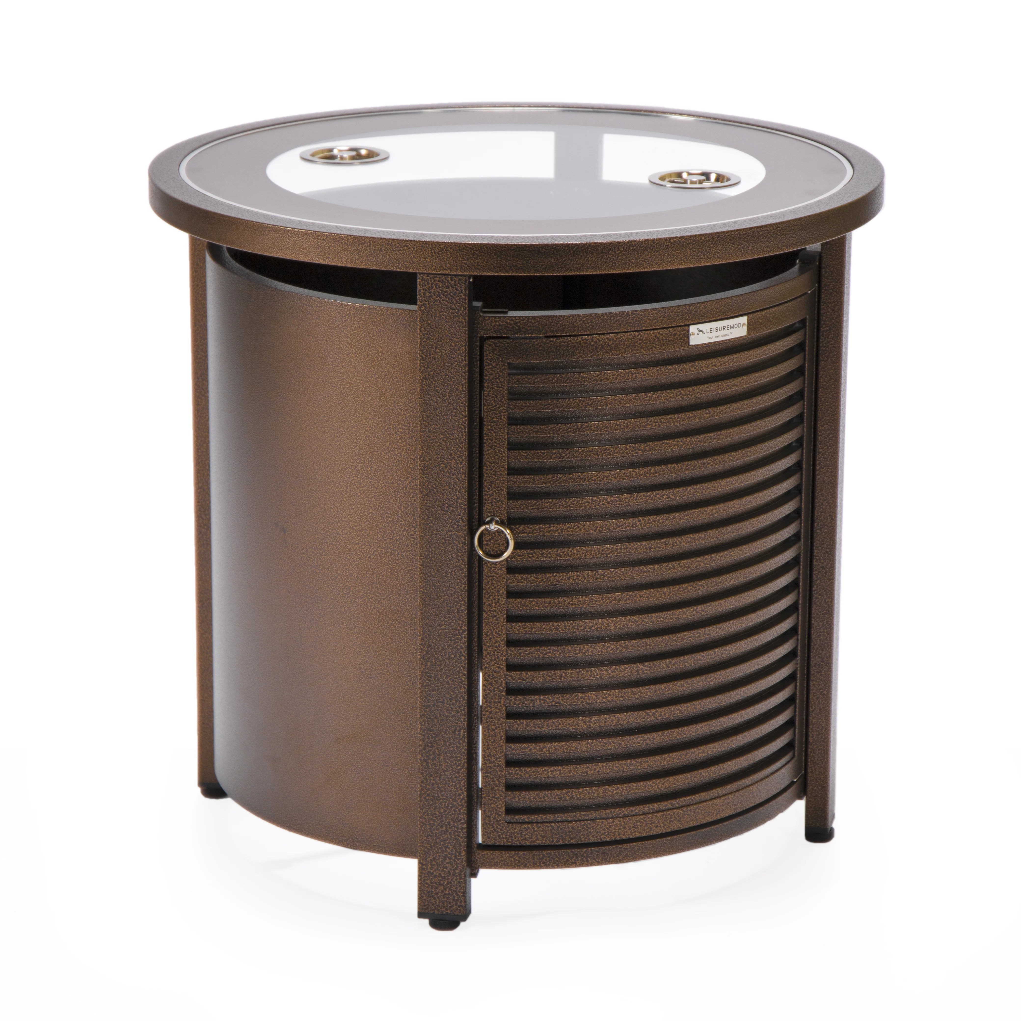 Walbrooke Patio Round Fire Pit and Tank Holder with Slats Design in Brown