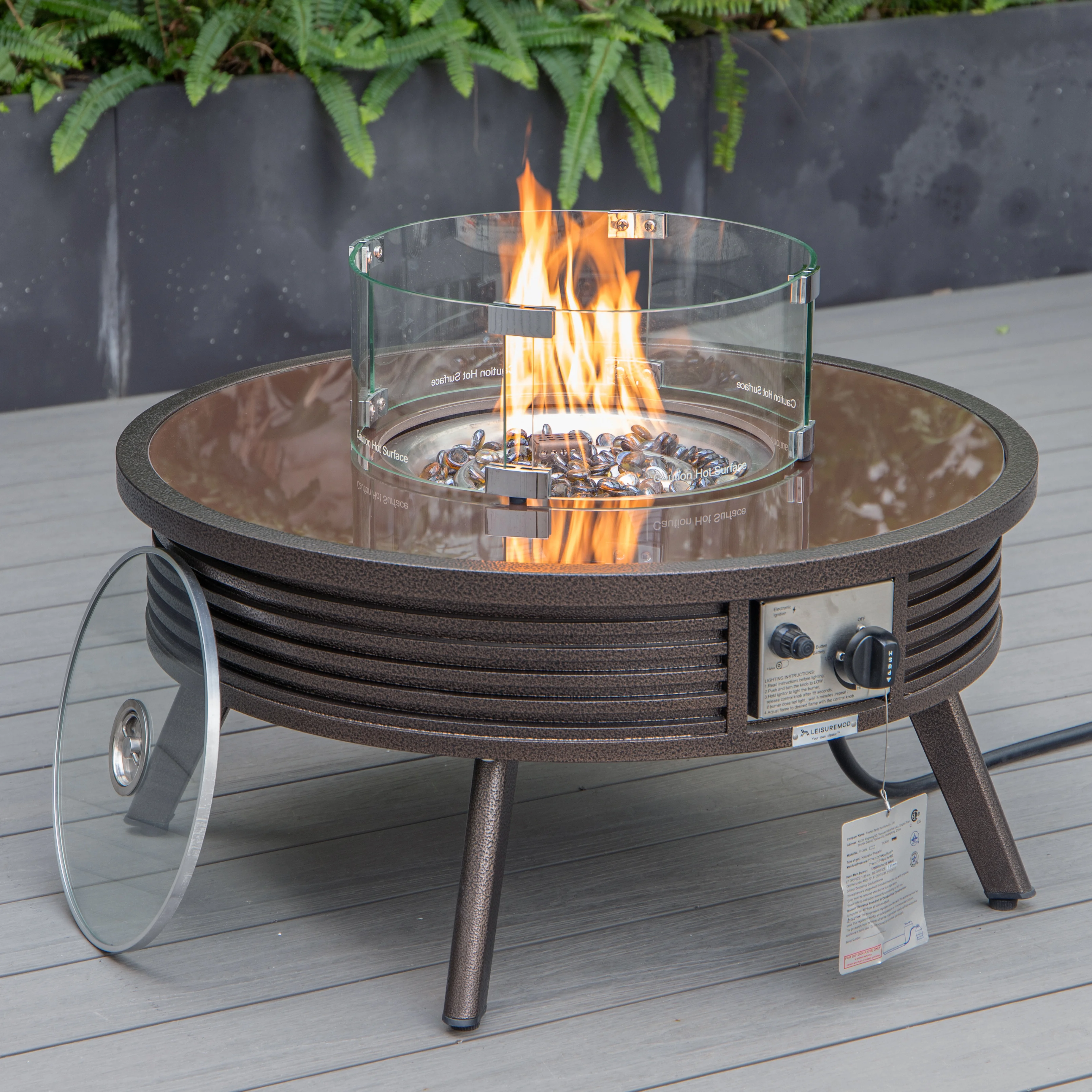Walbrooke Patio Round Fire Pit and Tank Holder with Slats Design in Brown
