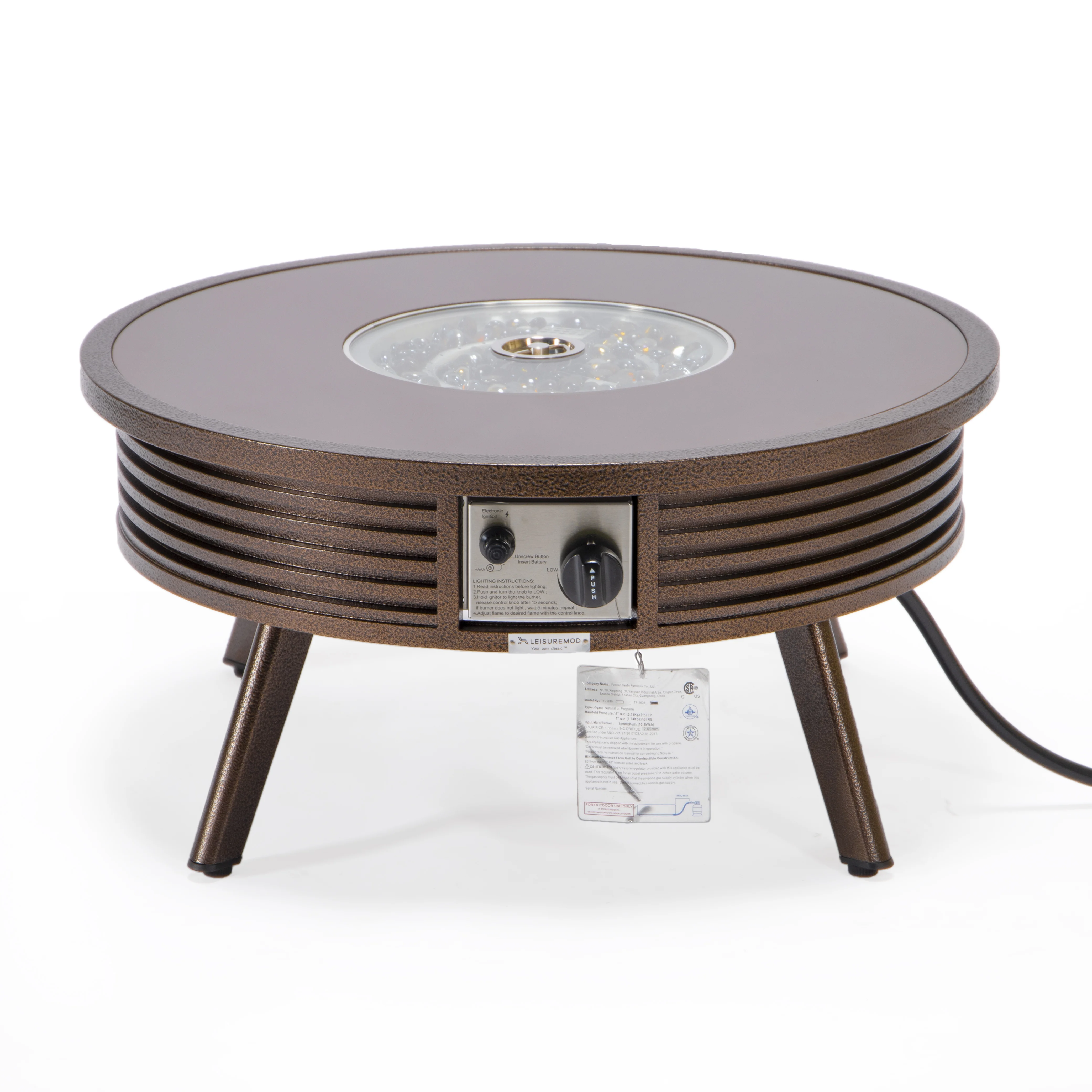 Walbrooke Outdoor Patio Aluminum Round Slats Design Fire Pit Side Table with Lid and Fire Glass for Patio and Backyard Garden