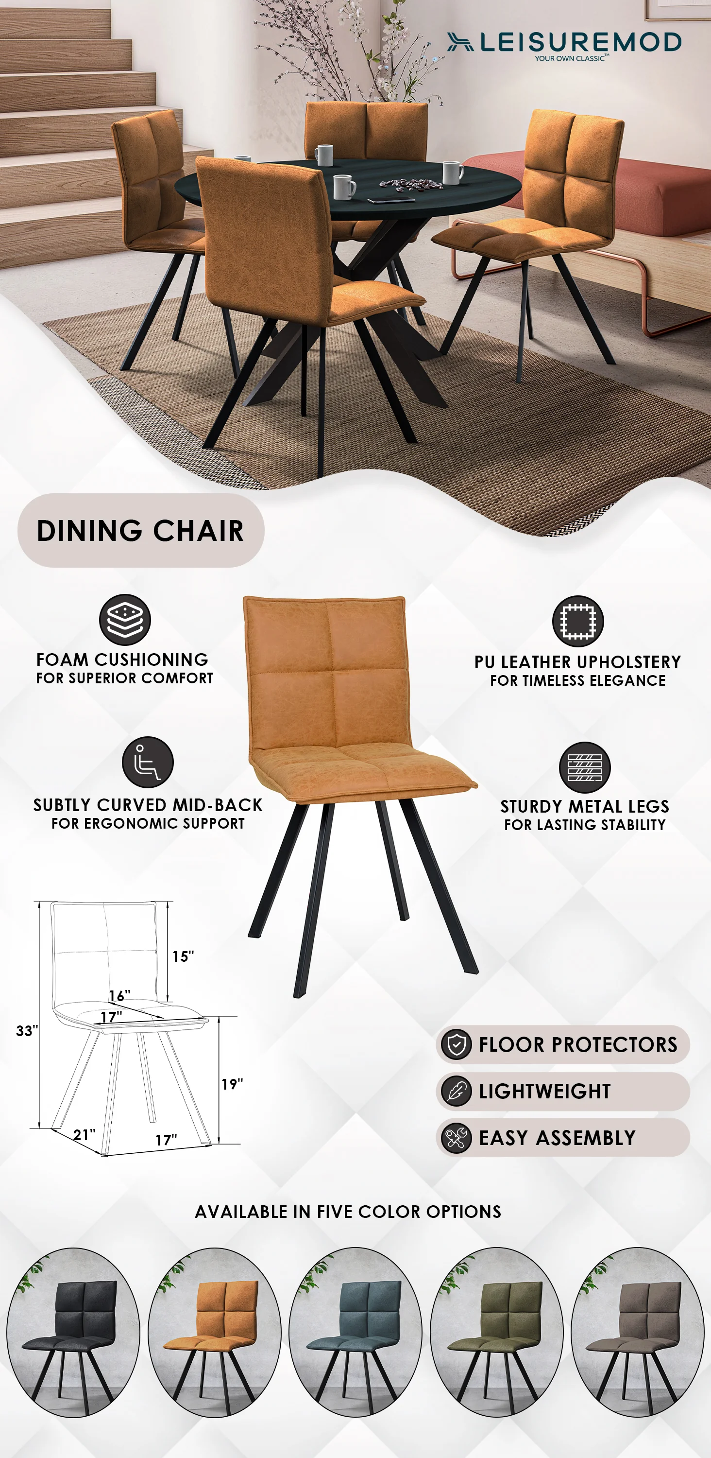 Wesley Modern Leather Dining Chair With Metal Legs