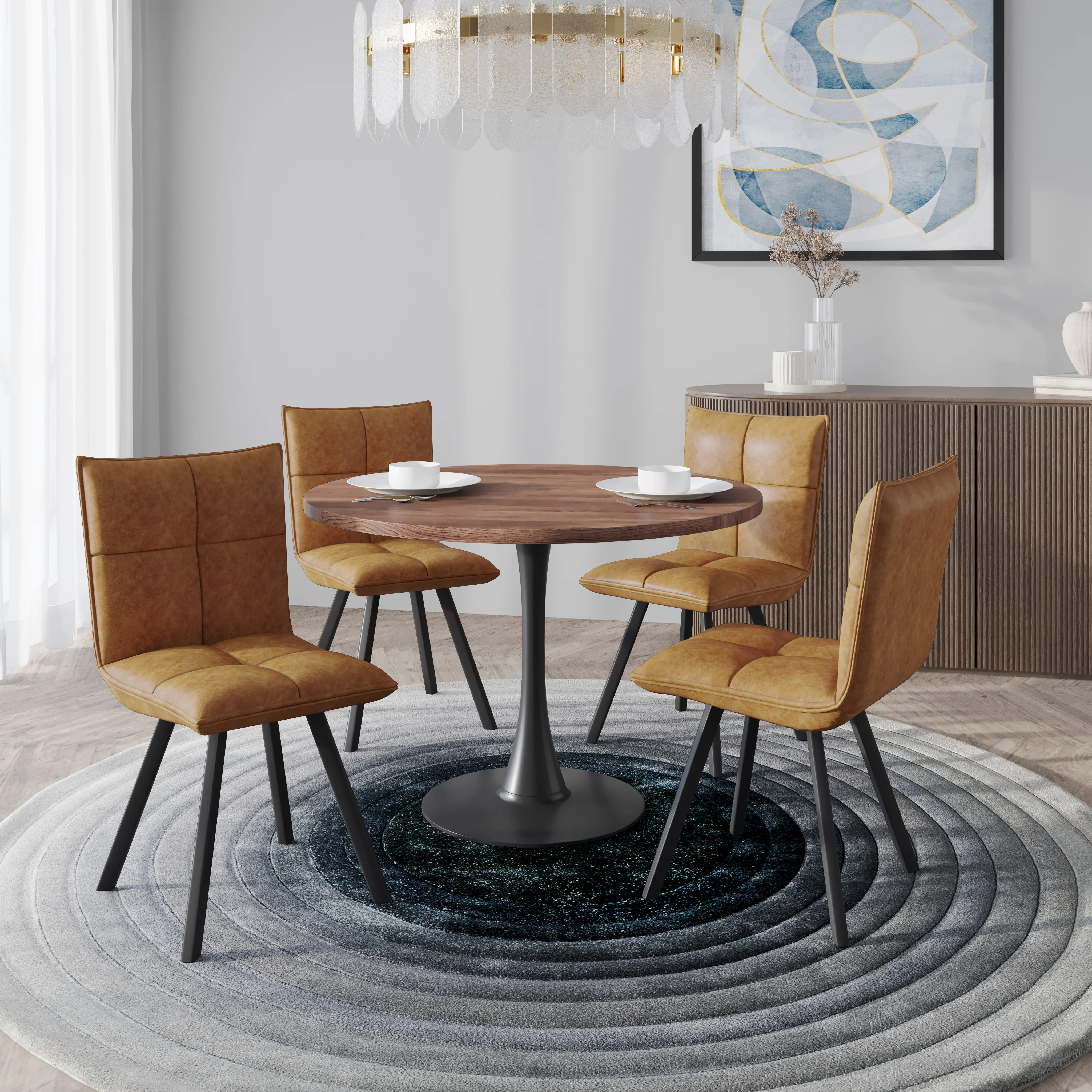 Bristol 5-Piece Dining Set with 36" Round Dining Table with Cognac Brown MDF Top and Black Base 4 Leather Dining Chairs in Light Brown