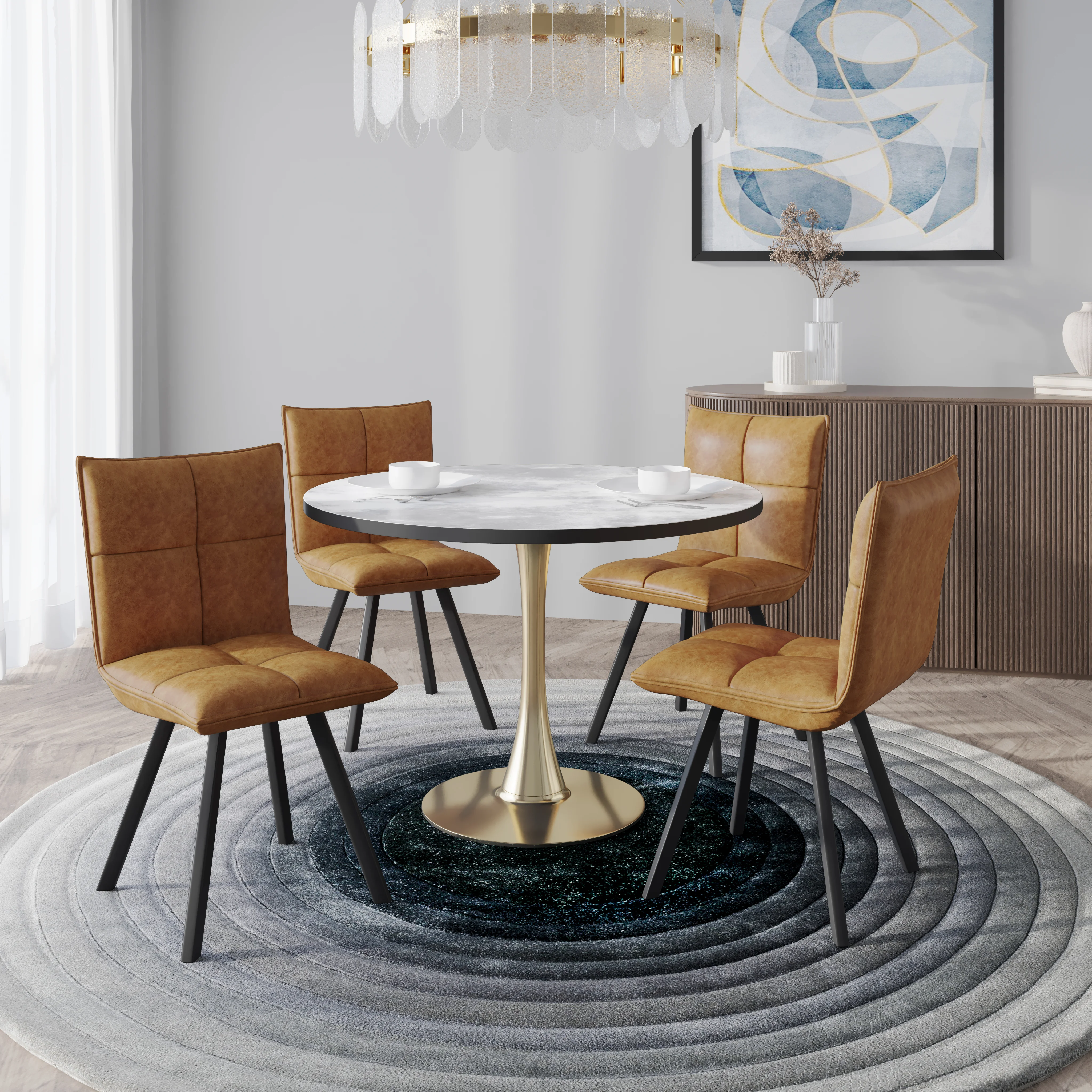 Bristol 5-Piece Dining Set with 35" Round Dining Table with White Sintered Stone Top and Black Base 4 Leather Dining Chairs in Light Brown