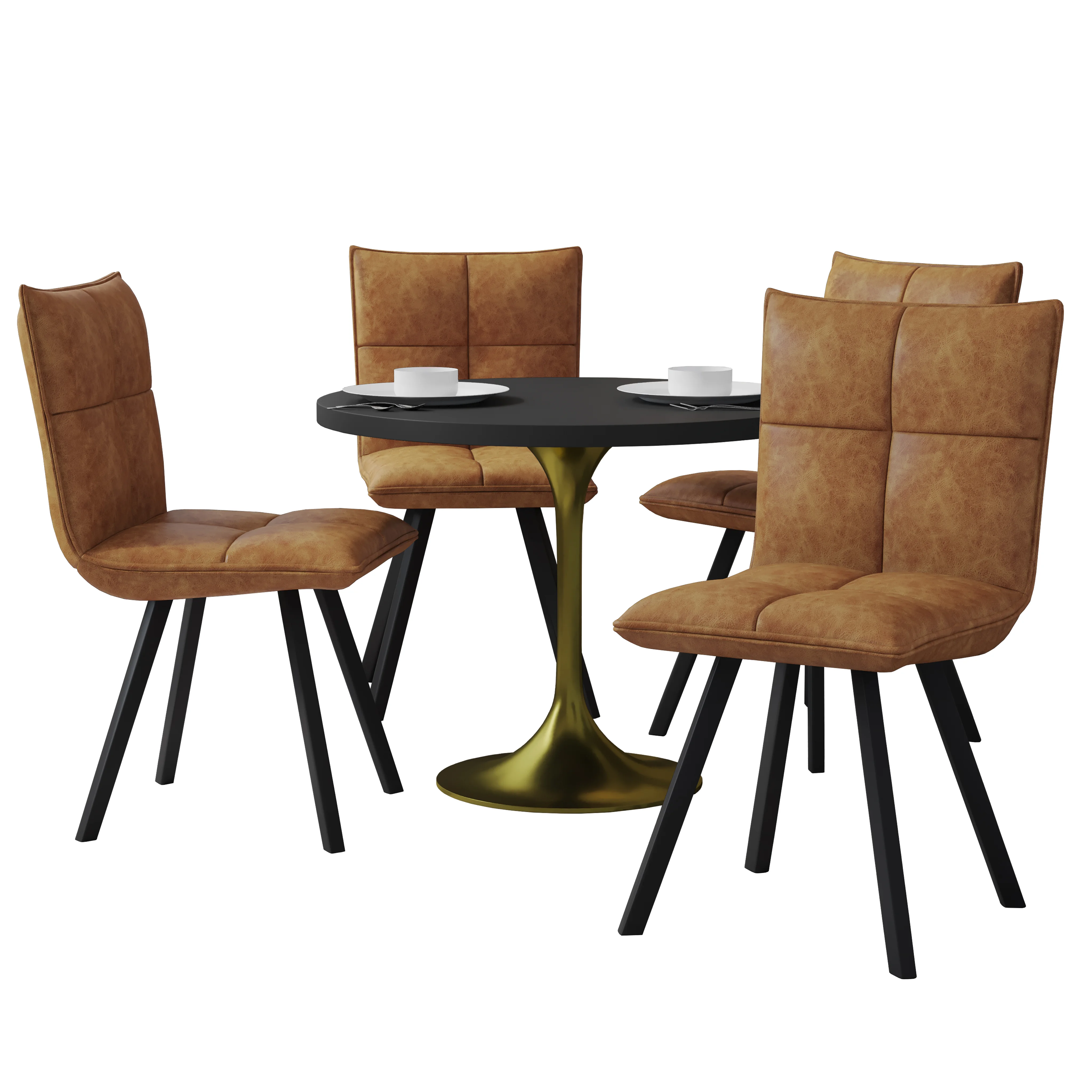 Verve 5-Piece Dining Set with 36" Round Dining Table in Black MDF Top and 4 Leather Dining Chairs in Light Brown