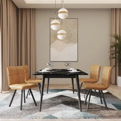 Zayle 5-Piece Dining Set with 55" Rectangular Dining Table in Black/Gold Sintered Stone Top and 4 Leather Dining Chairs in Light Brown