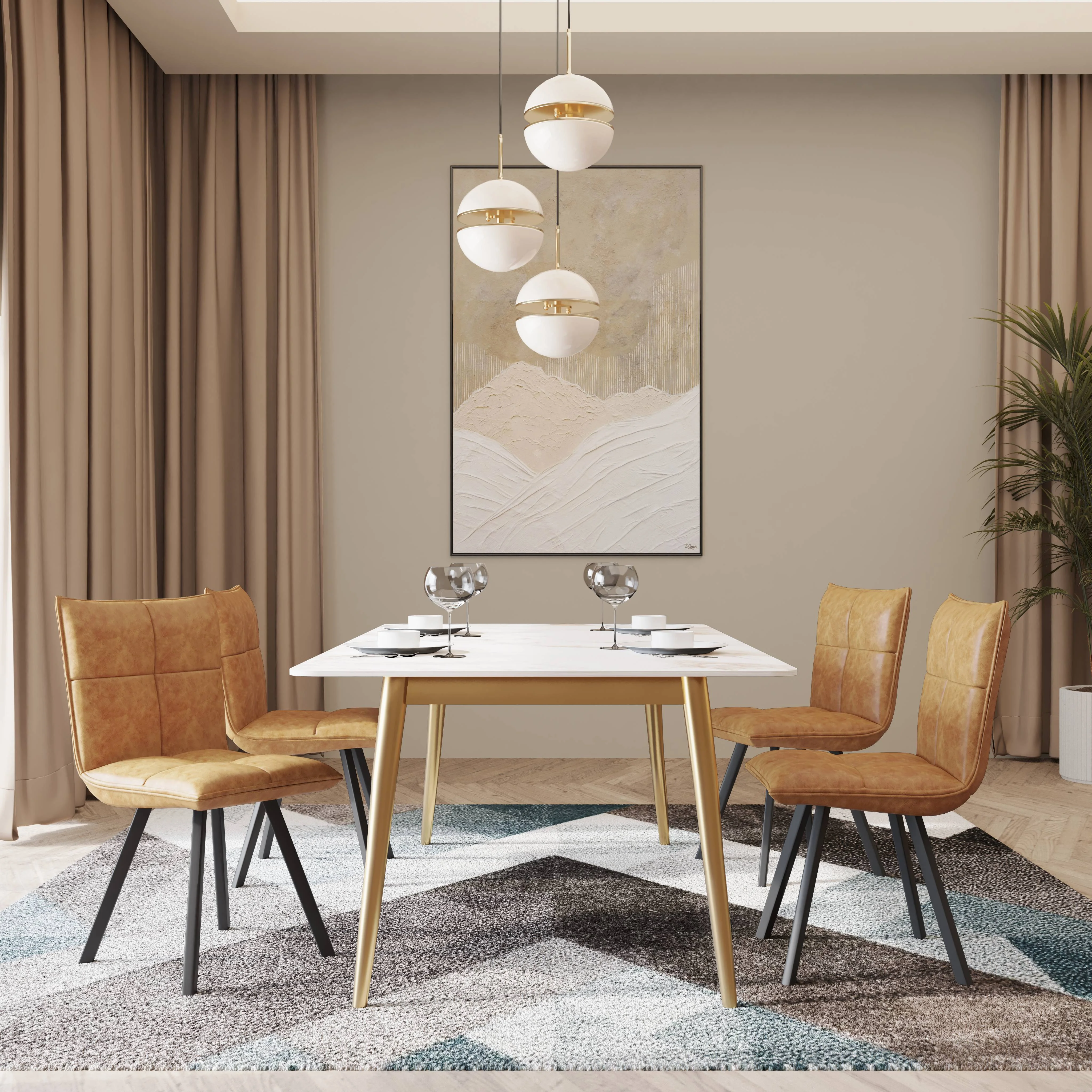 Zayle 5-Piece Dining Set with 55" Rectangular Dining Table in White Grey Sintered Stone Top and 4 Leather Dining Chairs in Cream