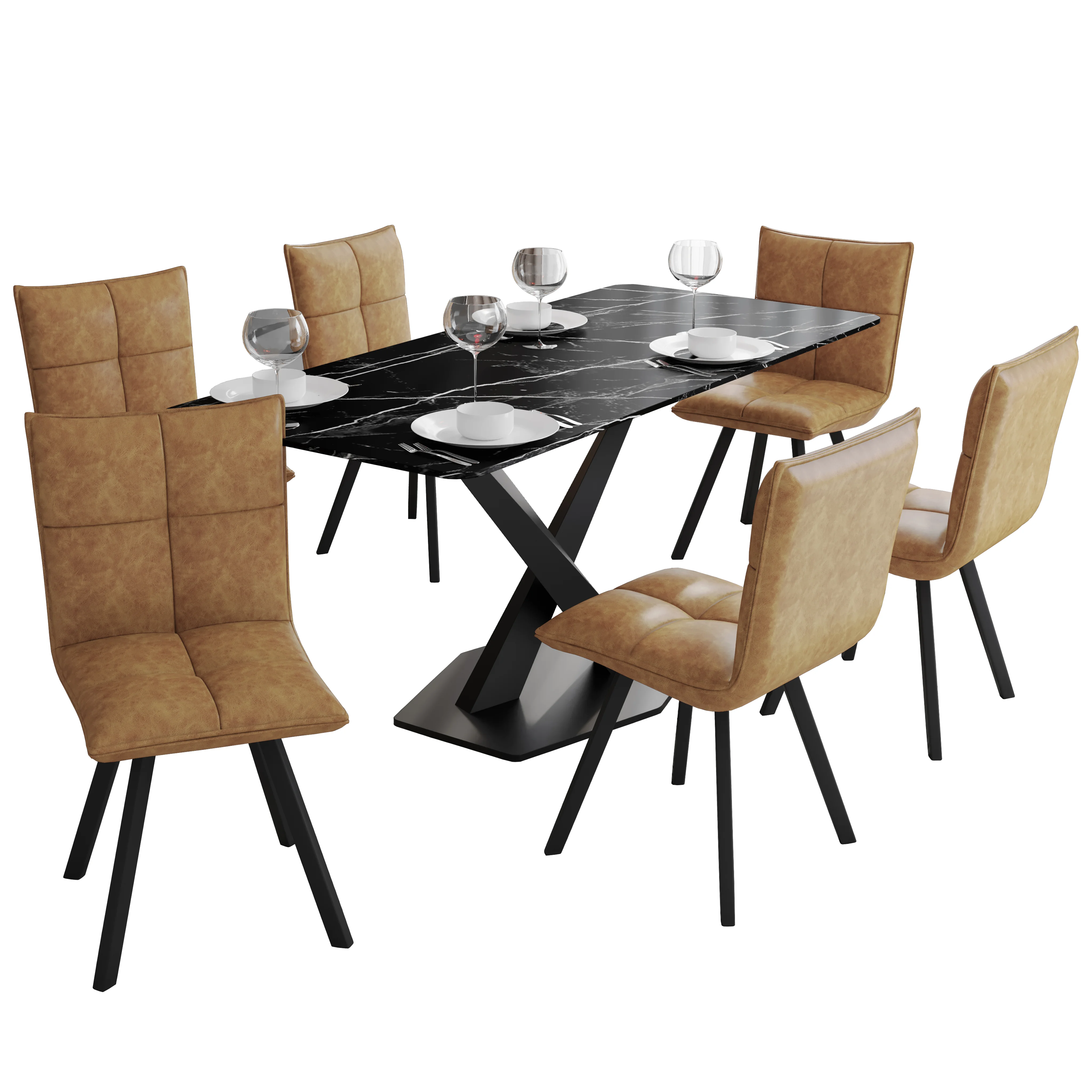 Voren 7-Piece Dining Set with 55" Rectangular Dining Table in Black/Gold and 6 Leather Dining Chairs in Light Brown