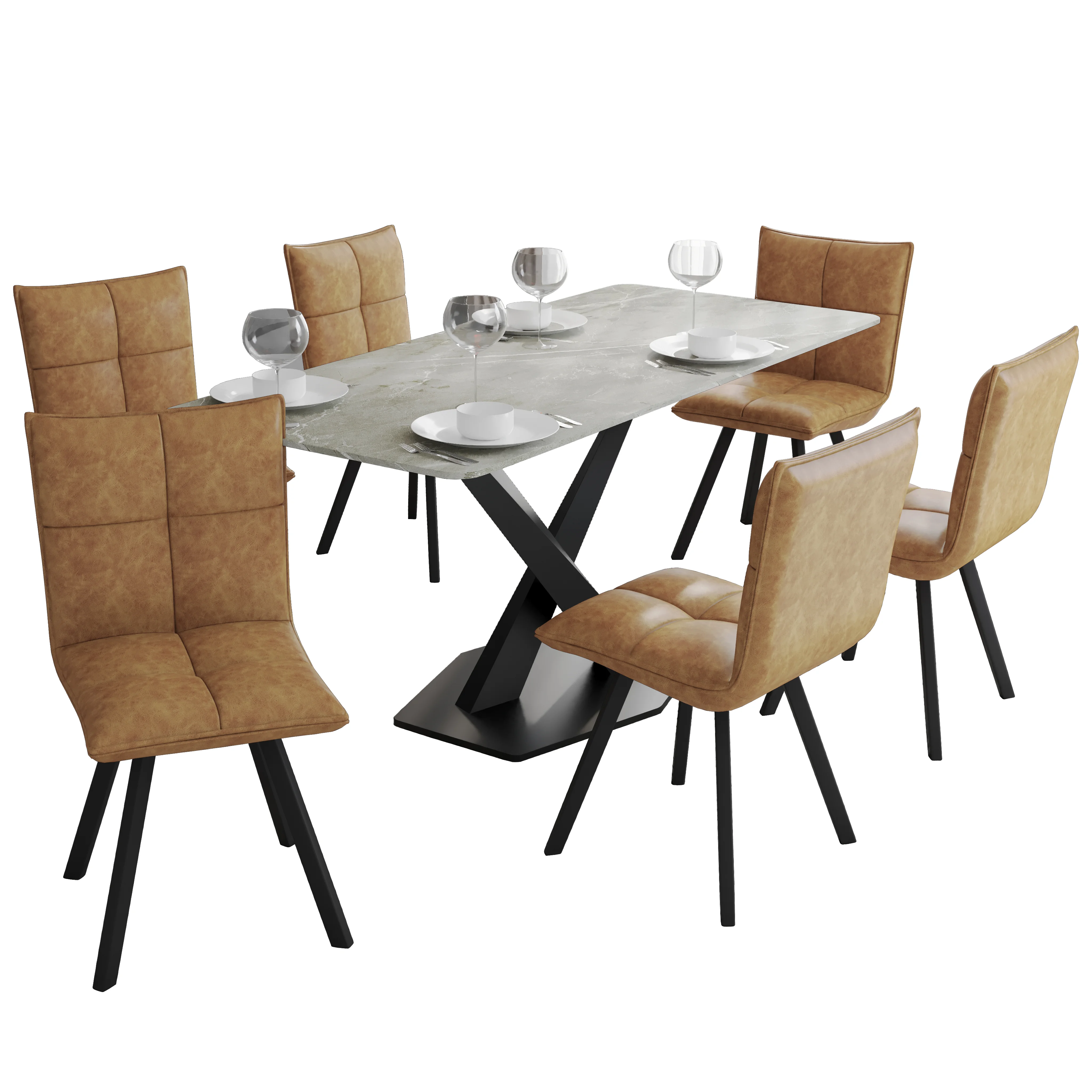 Voren 7-Piece Dining Set with 55" Rectangular Dining Table with Sintered Stone Top and Gold Base in Deep Grey and 6 Leather Dining Chairs in Light Brown