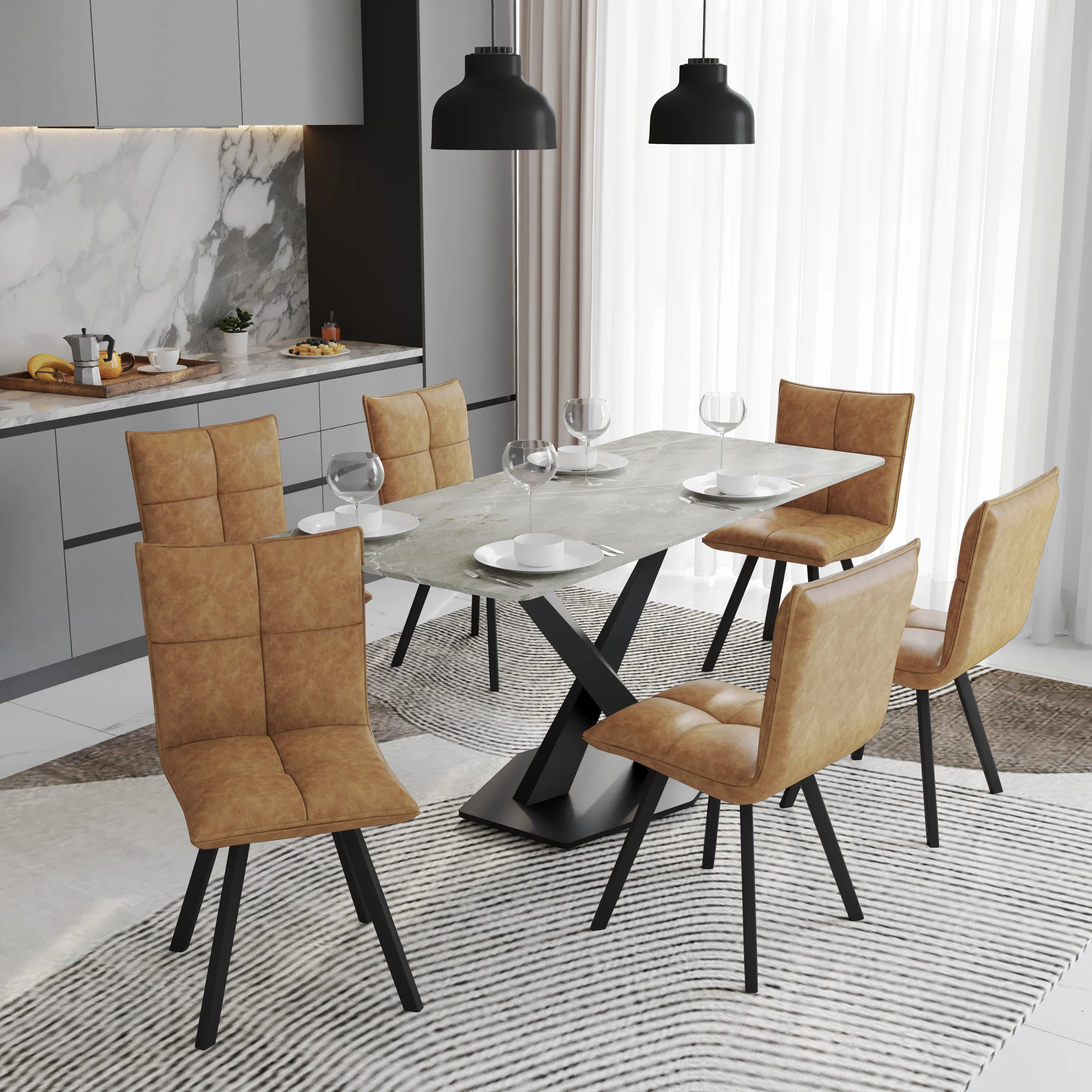 Voren 7-Piece Dining Set with 55" Rectangular Dining Table with Sintered Stone Top and Gold Base in Deep Grey and 6 Leather Dining Chairs in Light Brown