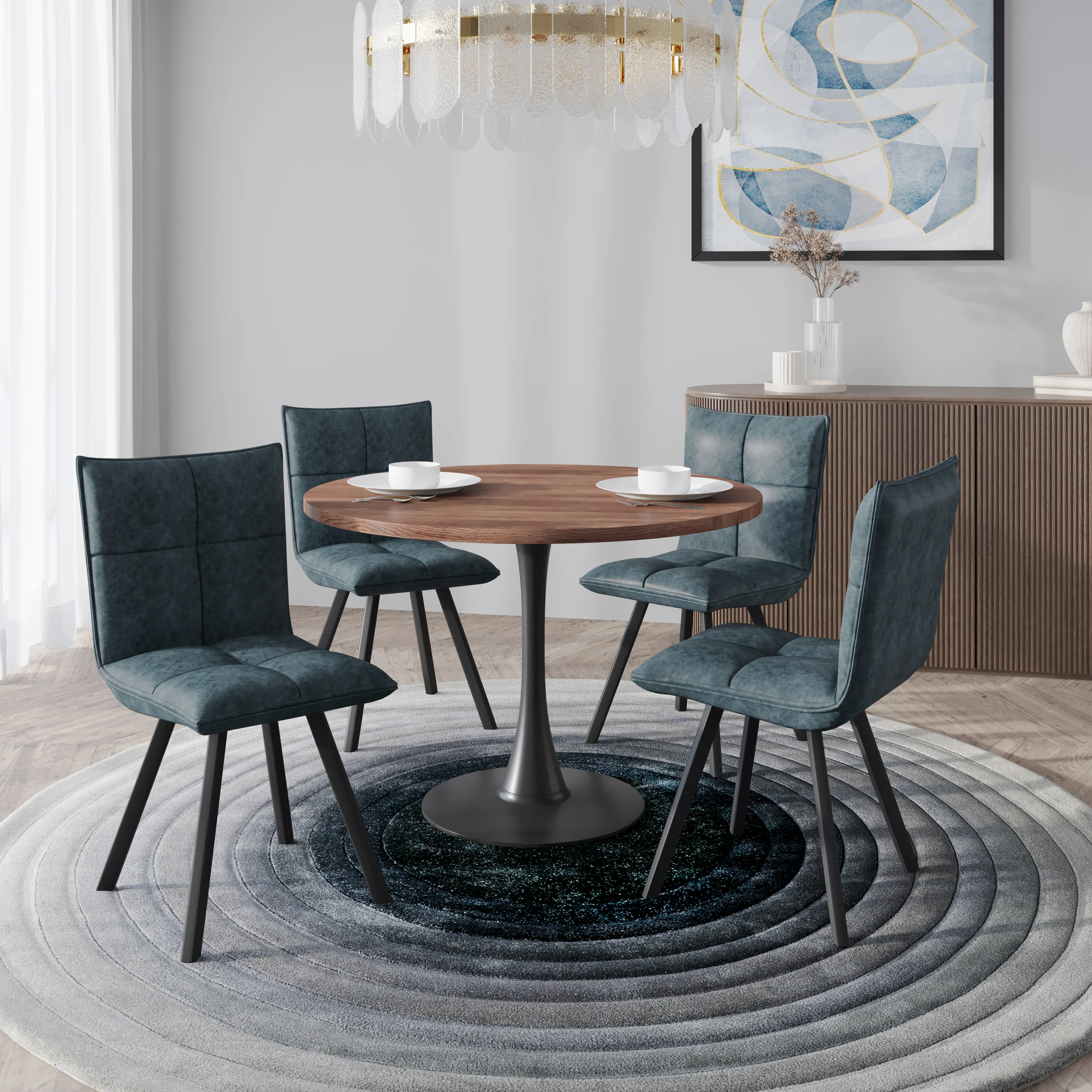 Bristol 5-Piece Dining Set with 36" Round Dining Table with Cognac Brown MDF Top and Black Base 4 Leather Dining Chairs in Peacock Blue