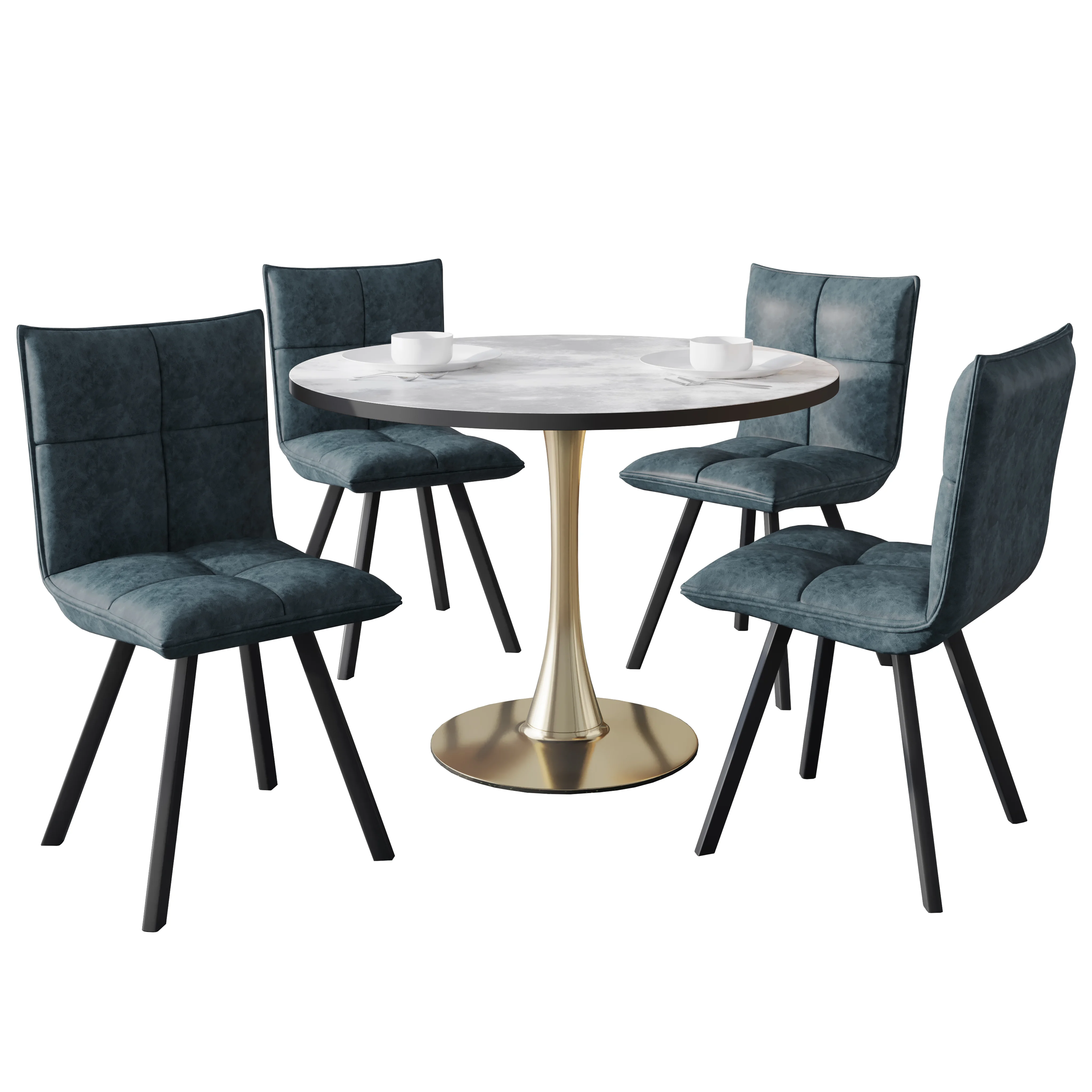 Bristol 5-Piece Dining Set with 35" Round Dining Table with White Sintered Stone Top and Black Base 4 Leather Dining Chairs in Peacock Blue