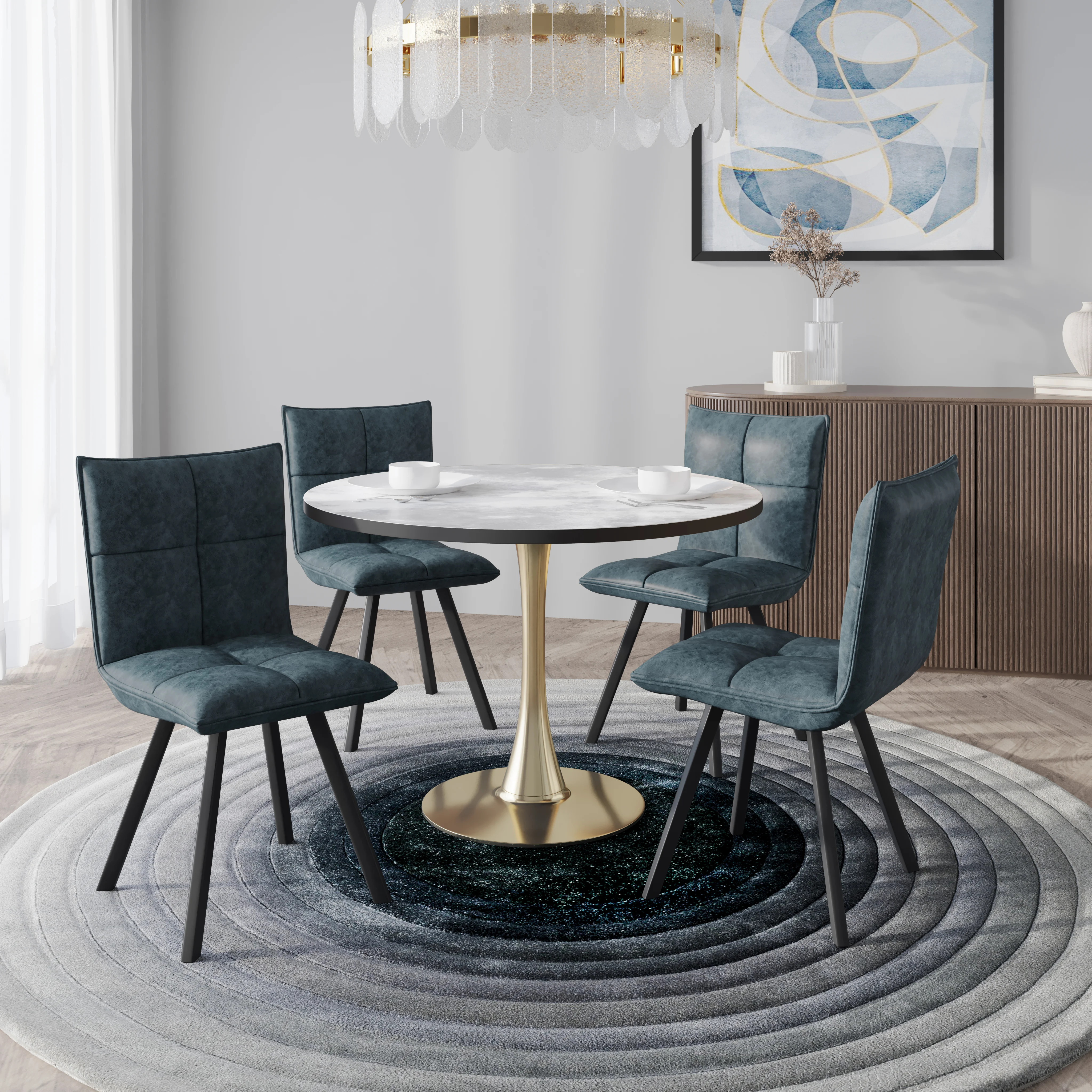 Bristol 5-Piece Dining Set with 35" Round Dining Table with White Sintered Stone Top and Black Base 4 Leather Dining Chairs in Peacock Blue