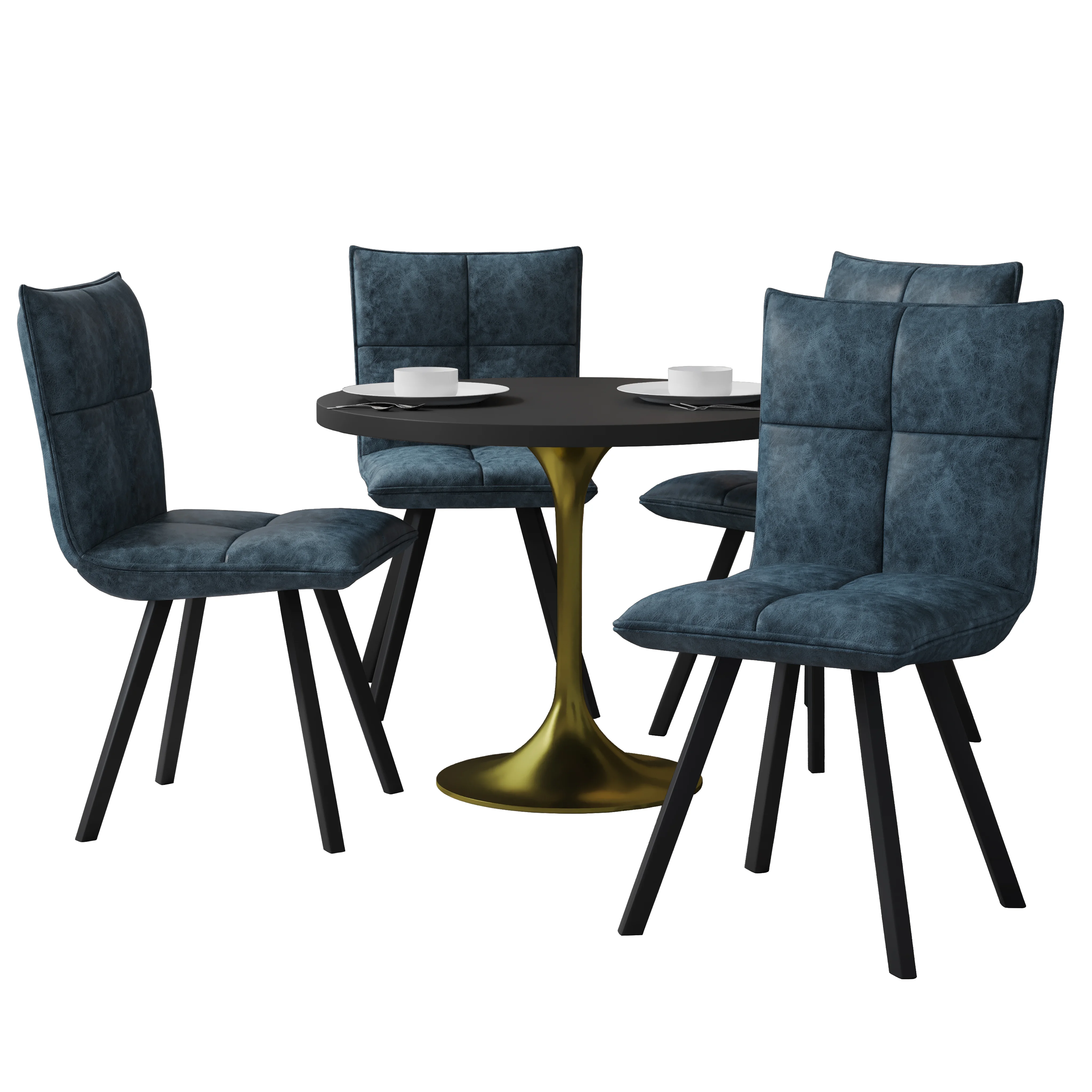 Verve 5-Piece Dining Set with 36" Round Dining Table in Black MDF Top and 4 Leather Dining Chairs in Peacock Blue
