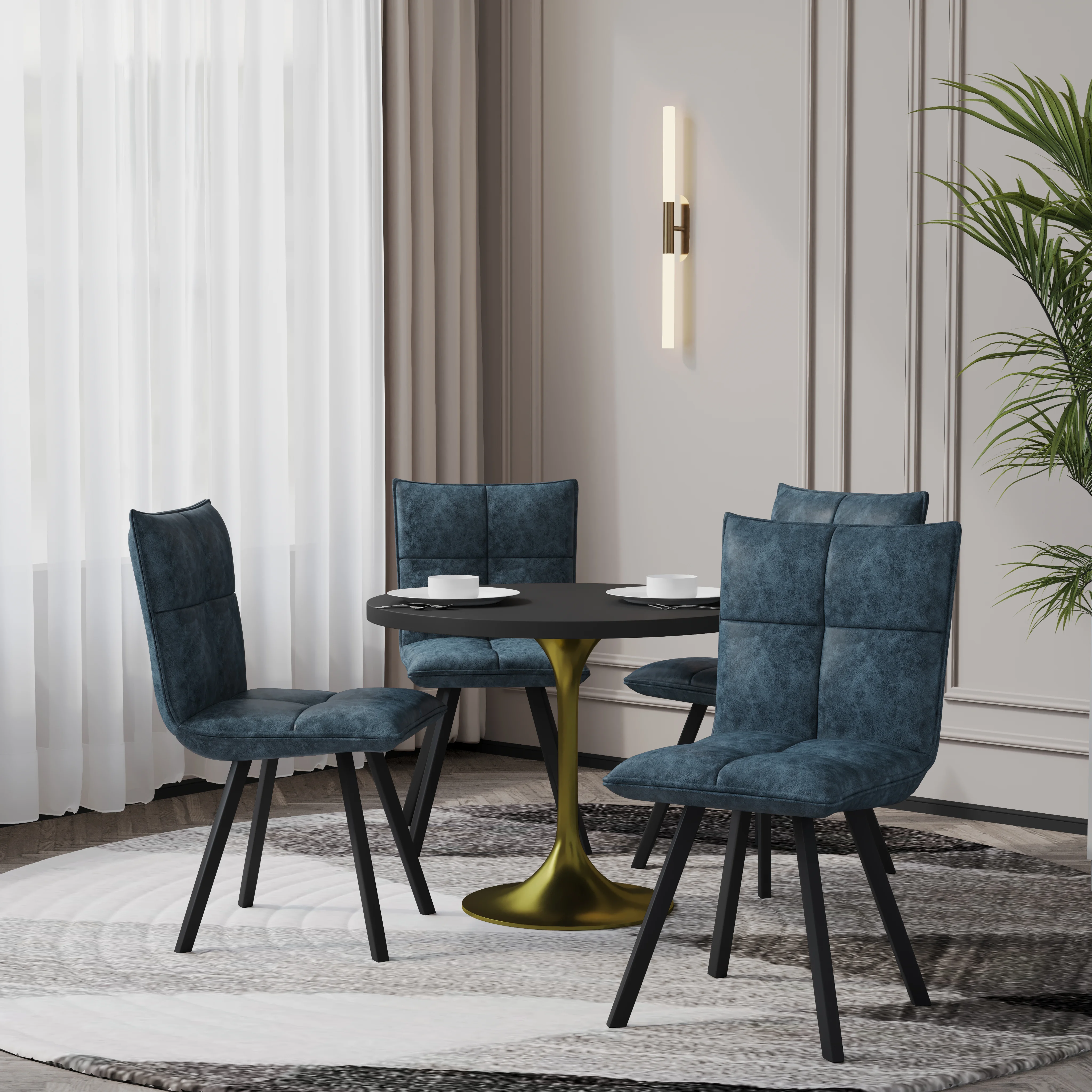 Verve 5-Piece Dining Set with 36" Round Dining Table in Black MDF Top and 4 Leather Dining Chairs in Peacock Blue
