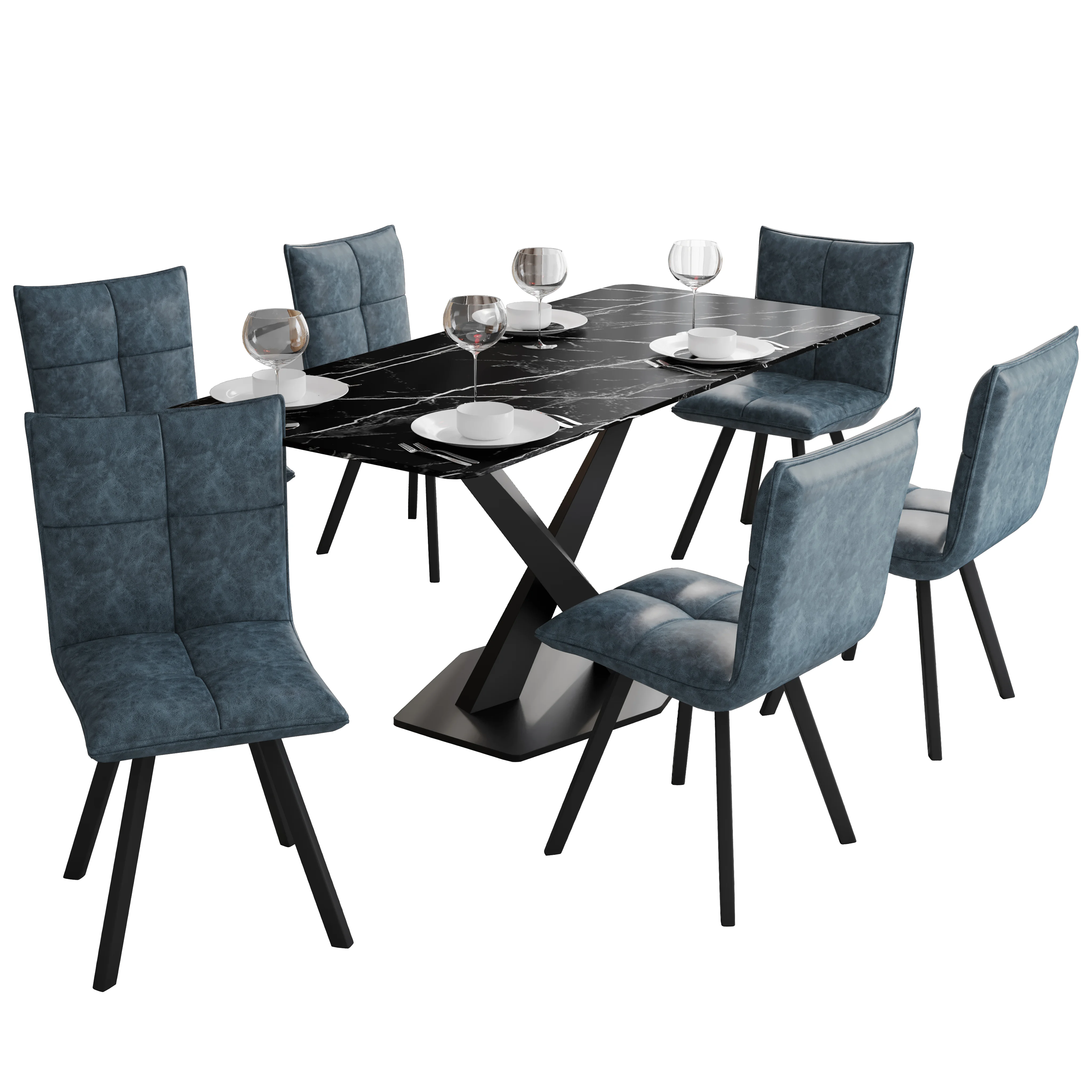 Voren 7-Piece Dining Set with 55" Rectangular Dining Table in Black/Gold and 6 Leather Dining Chairs in Peacock Blue