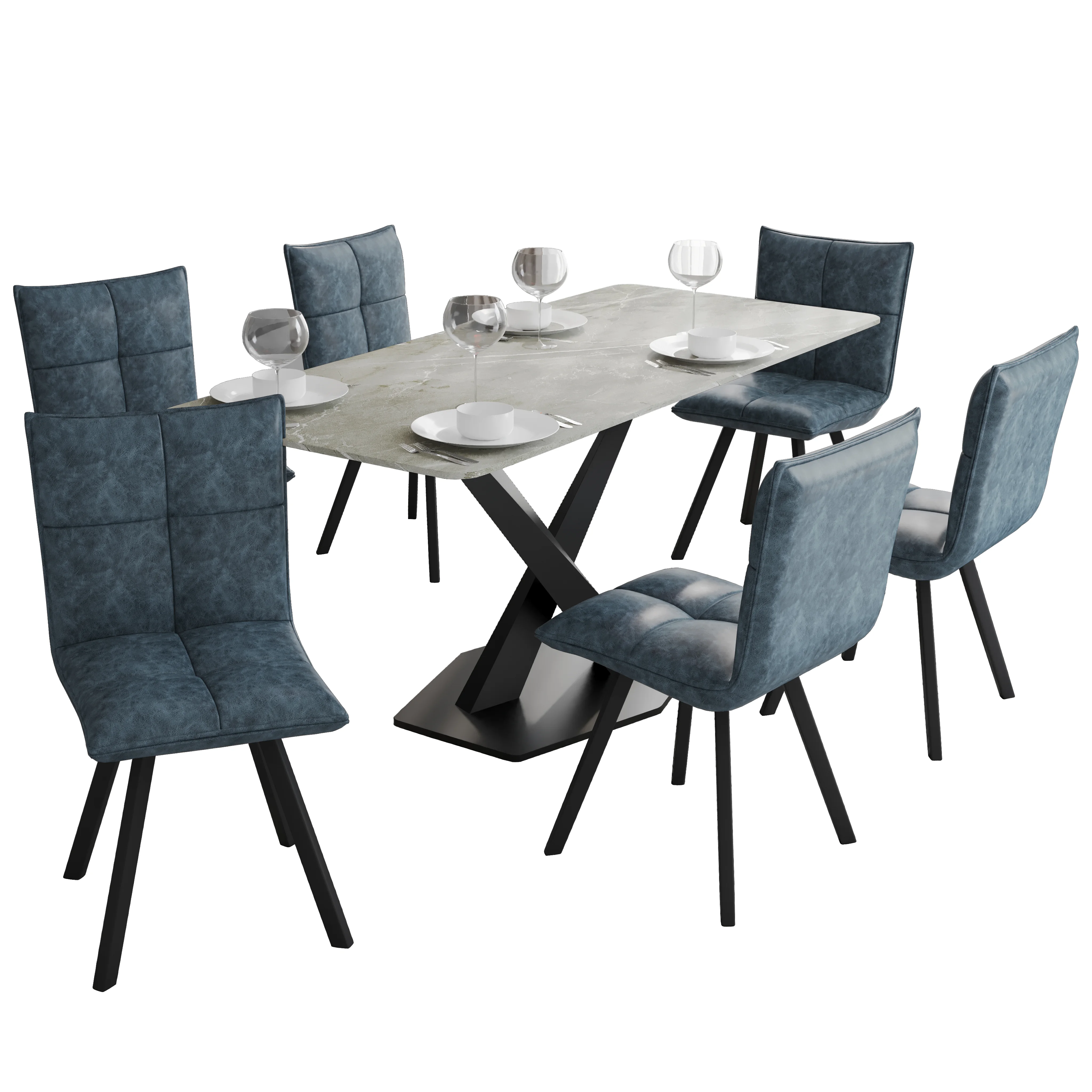 Voren 7-Piece Dining Set with 55" Rectangular Dining Table with Sintered Stone Top and Gold Base in Deep Grey and 6 Leather Dining Chairs in Peacock Blue