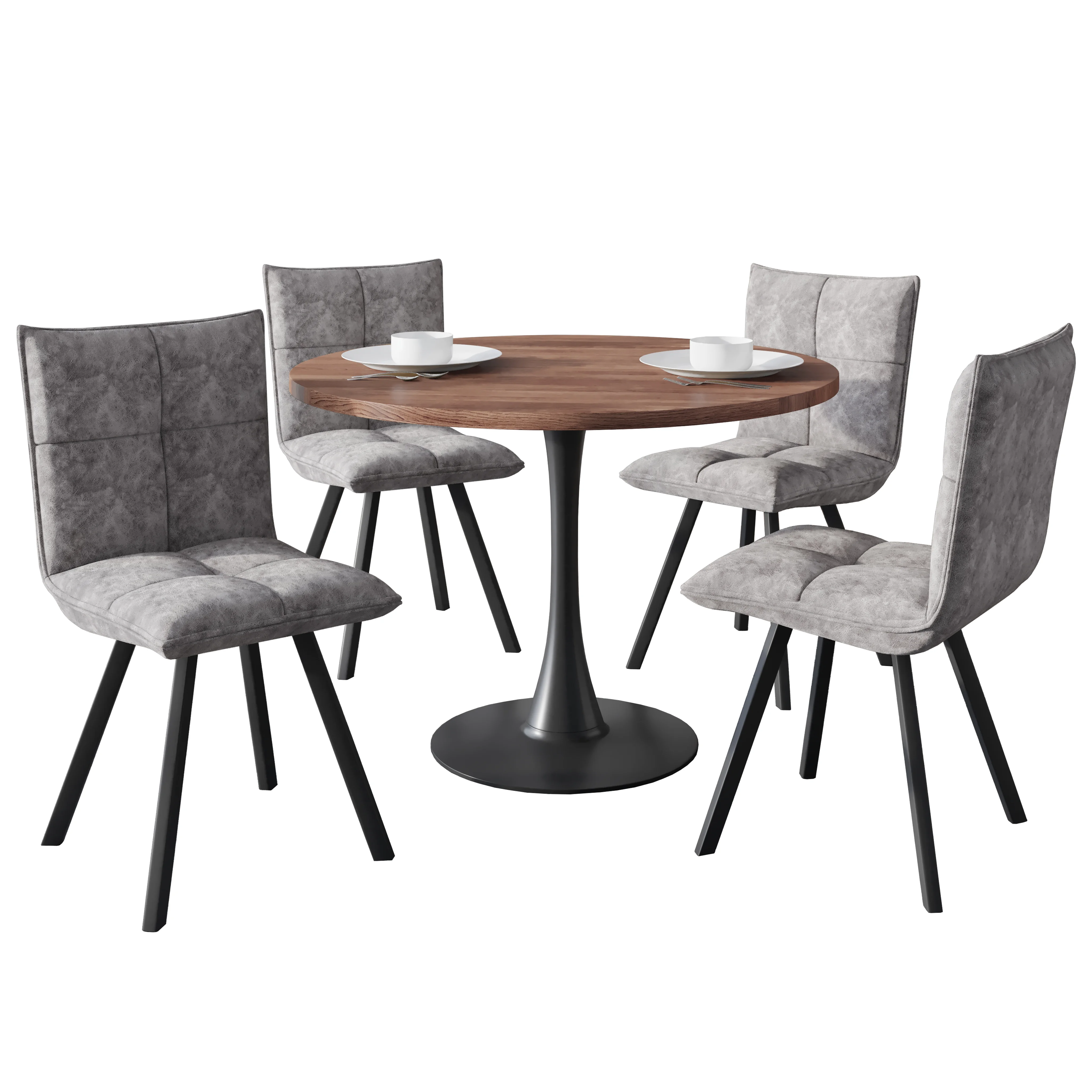 Bristol 5-Piece Dining Set with 36" Round Dining Table with Cognac Brown MDF Top and Black Base 4 Leather Dining Chairs in Grey