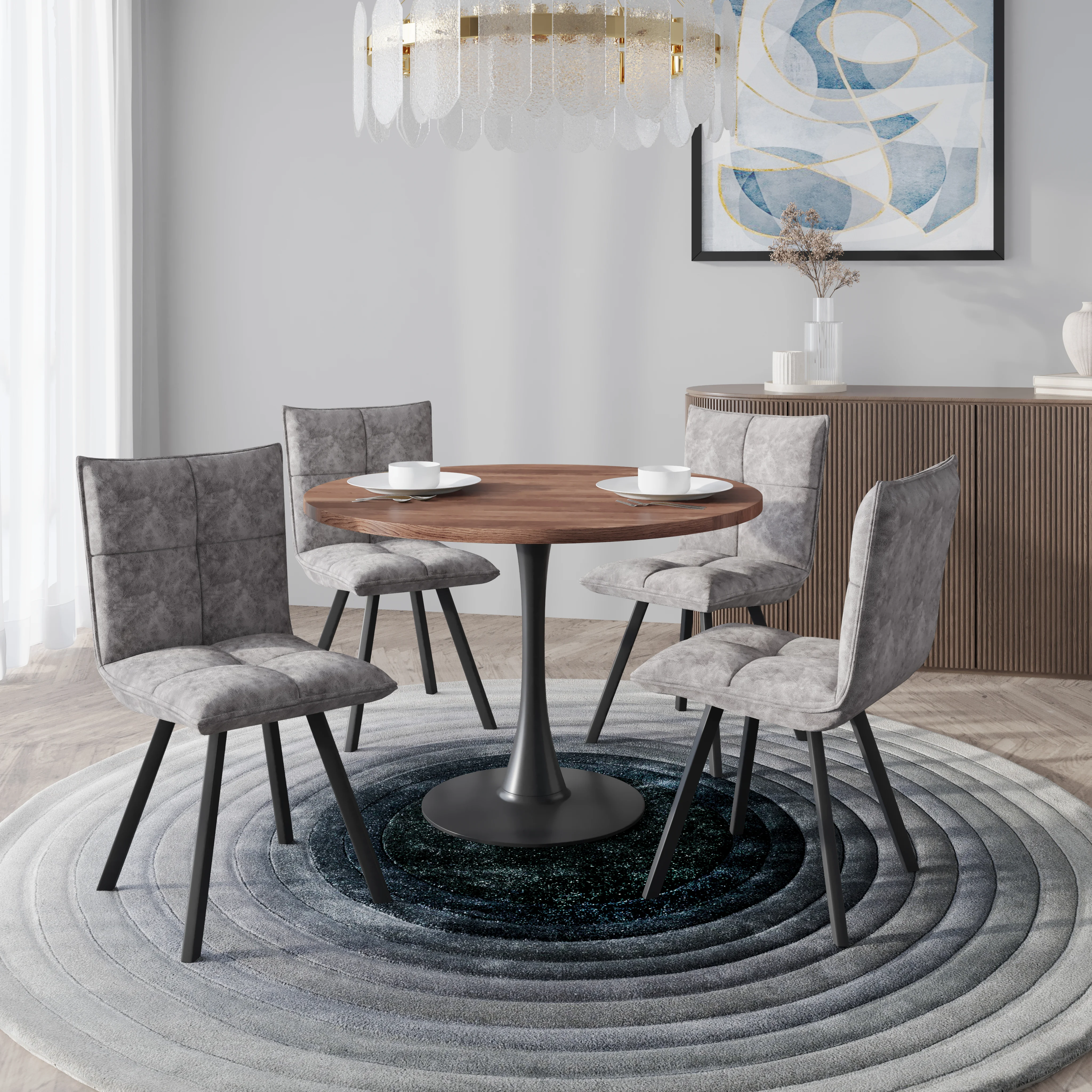 Bristol 5-Piece Dining Set with 36" Round Dining Table with Cognac Brown MDF Top and Black Base 4 Leather Dining Chairs in Grey