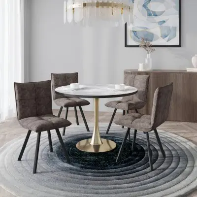 Bristol 5-Piece Dining Set with 35" Round Dining Table with White Sintered Stone Top and Black Base 4 Leather Dining Chairs in Grey