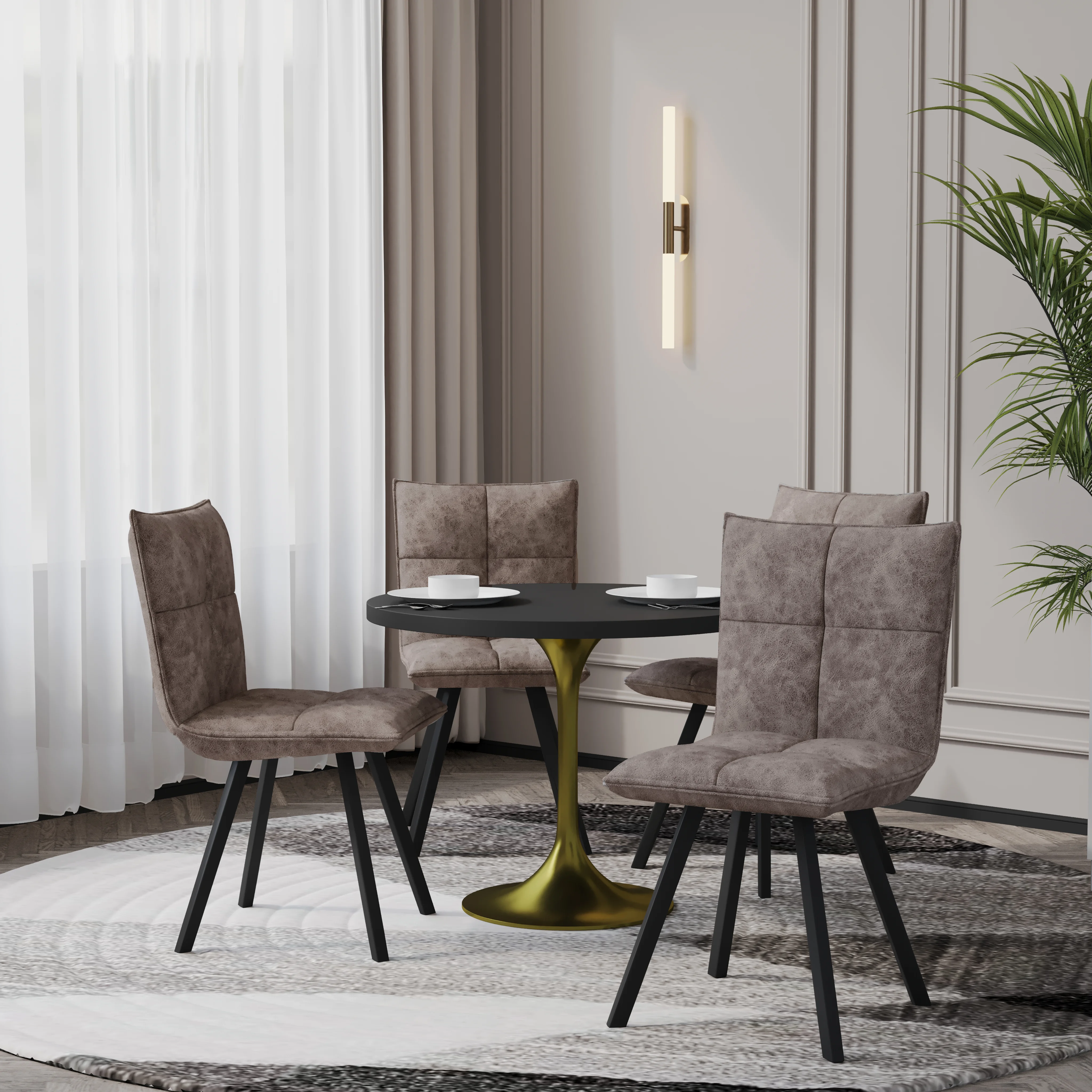Verve 5-Piece Dining Set with 36" Round Dining Table in Black MDF Top and 4 Leather Dining Chairs in Grey